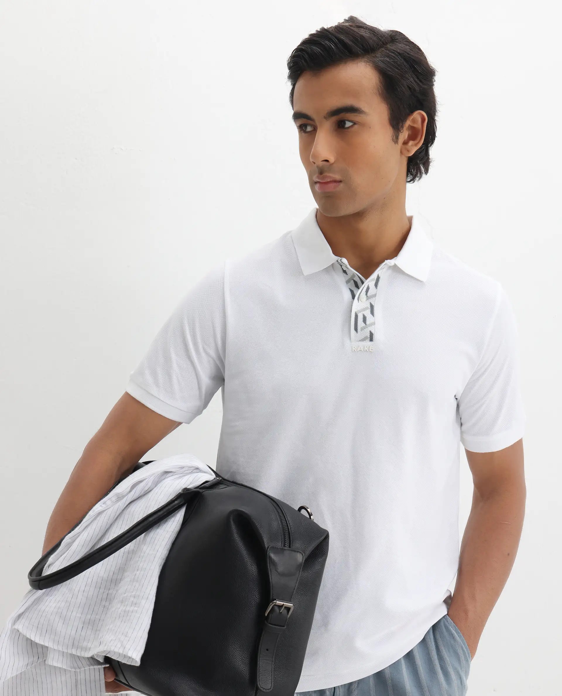 Rare Rabbit Men's Ark White Cotton Plain Regular Fit Half Sleeve Polo