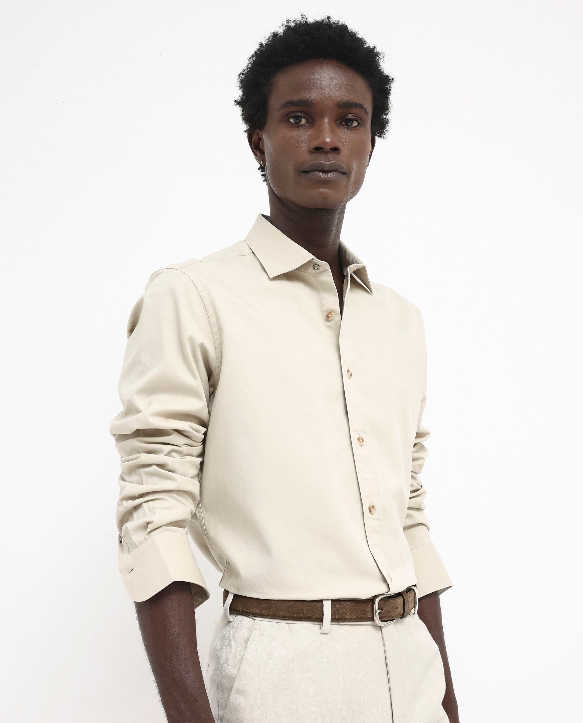 Rare Rabbit Men's Arlet Beige Cotton Fabric Full Sleeve Regular Fit Solid Shirt