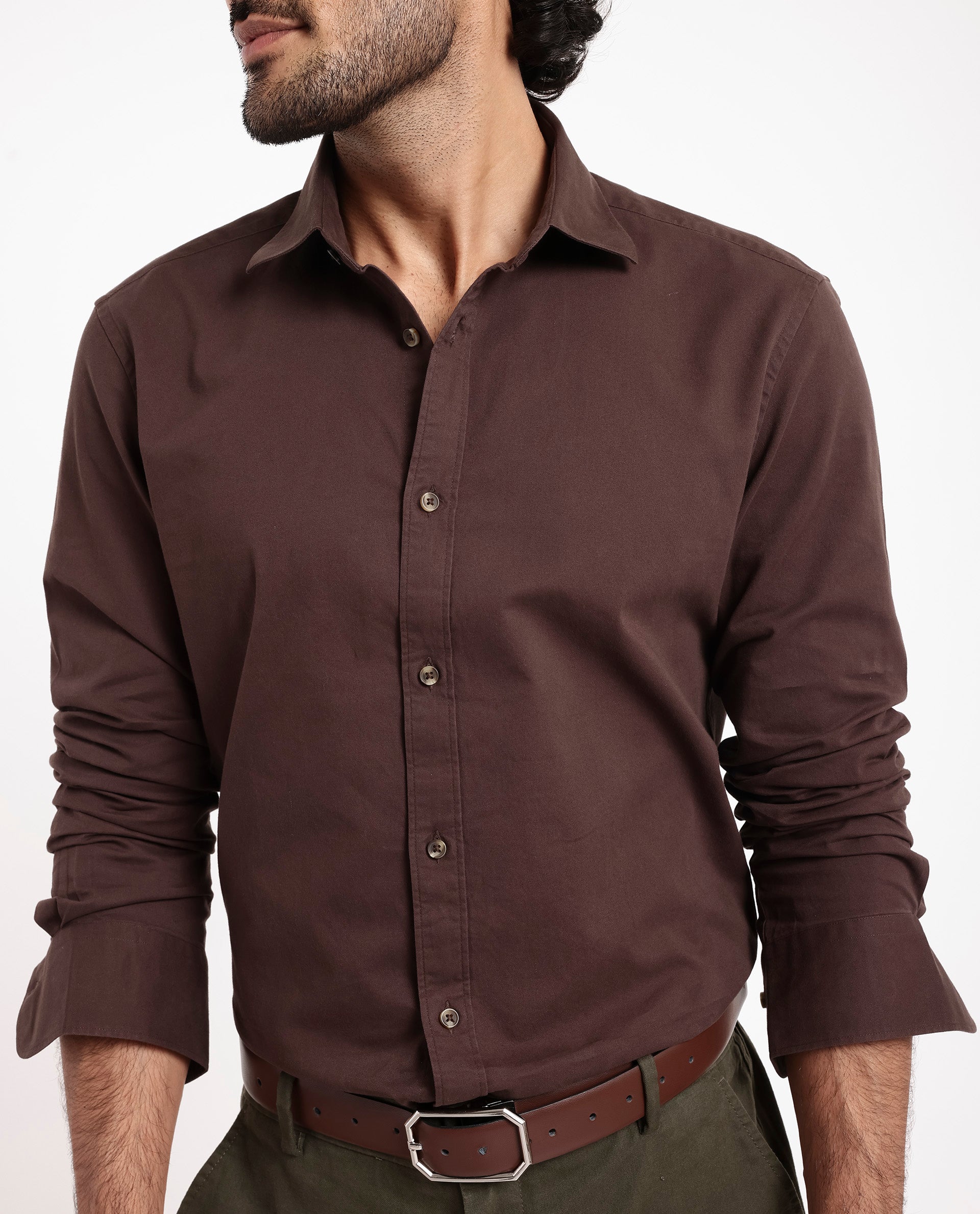 Rare Rabbit Men's Arlet Brown Cotton Fabric Full Sleeve Regular Fit Solid Shirt