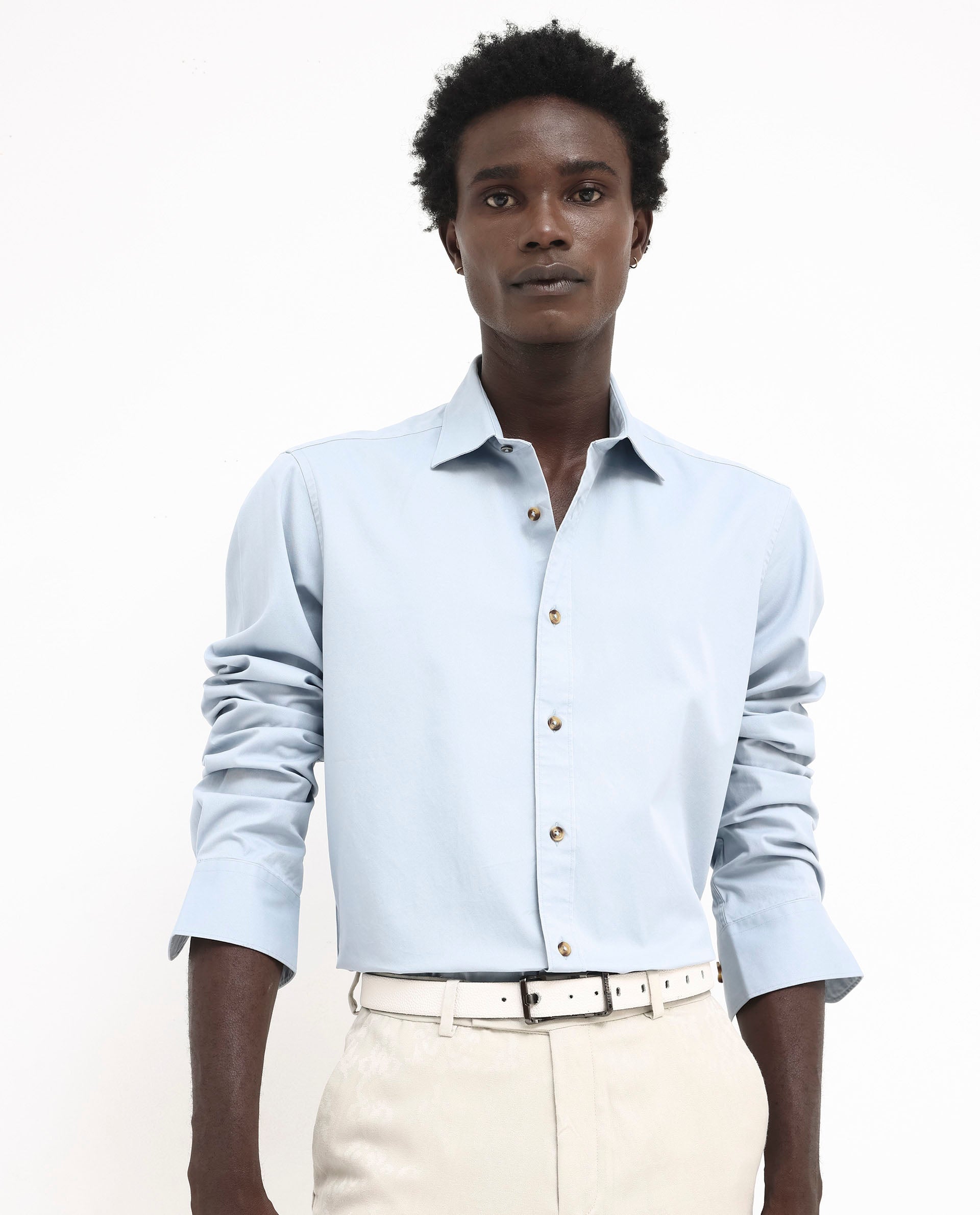 Rare Rabbit Men's Arlet Light Blue Cotton Fabric Full Sleeve Regular Fit Solid Shirt