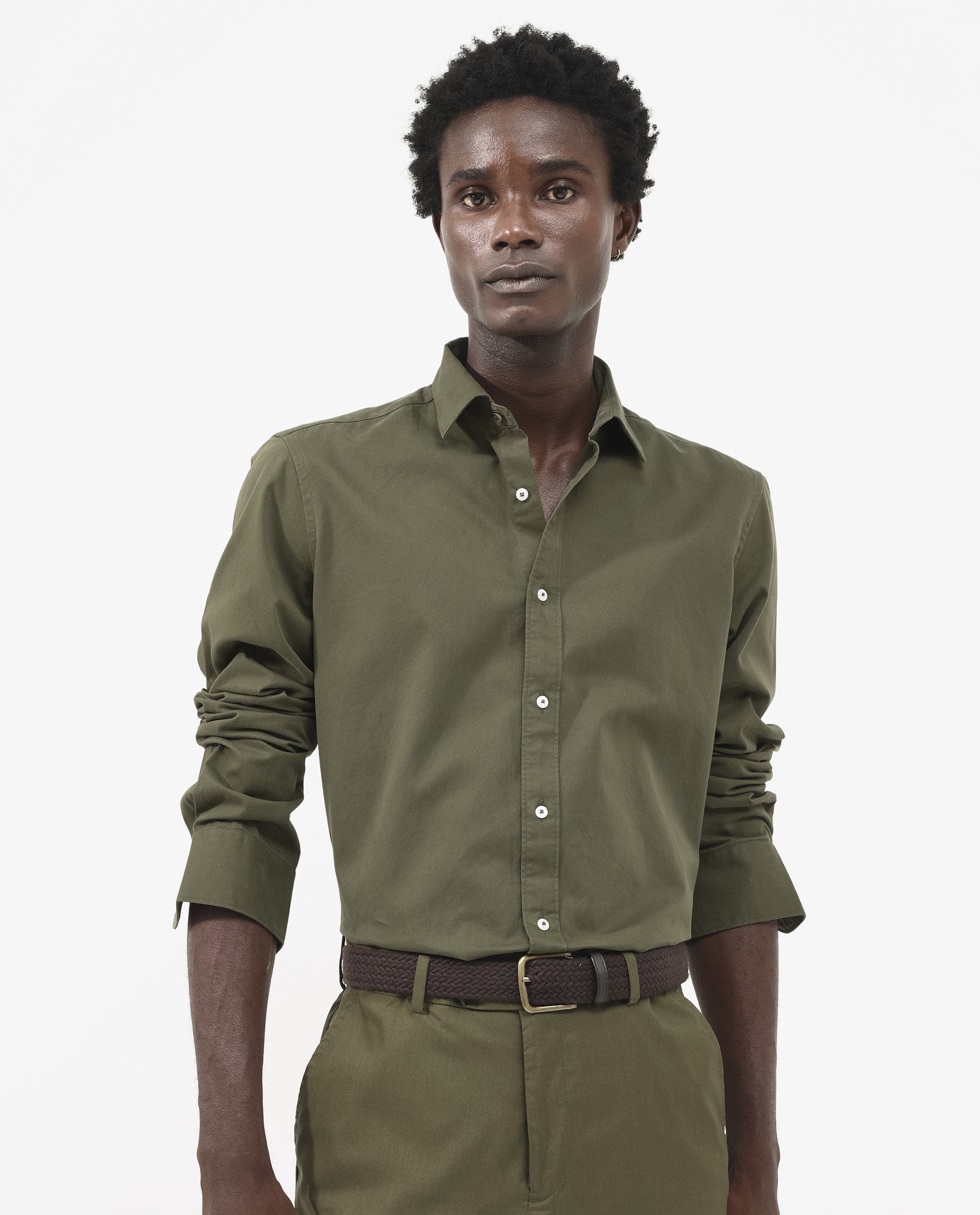 Rare Rabbit Men's Arlet Olive Cotton Fabric Full Sleeve Regular Fit Solid Shirt