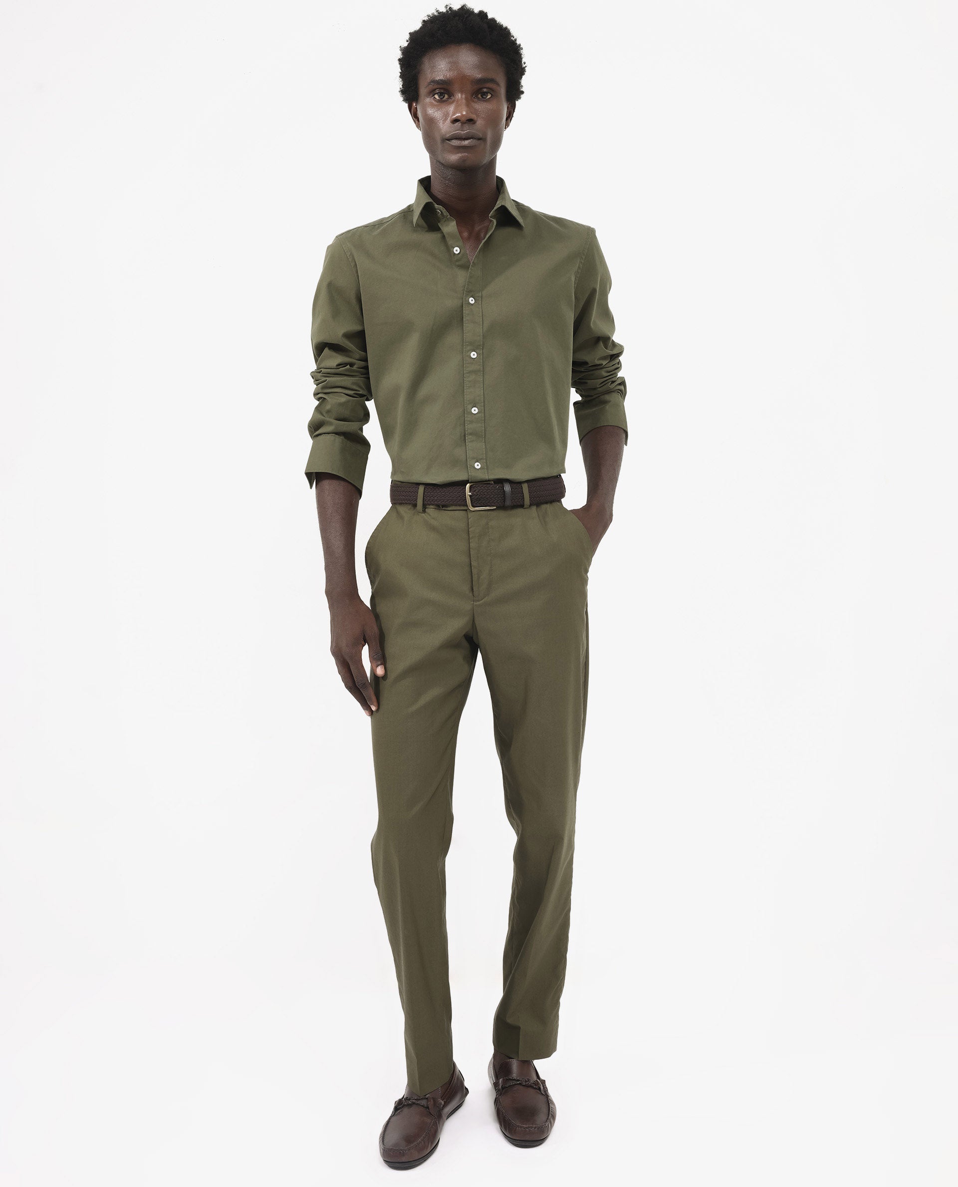 Rare Rabbit Men's Arlet Olive Cotton Fabric Full Sleeve Regular Fit Solid Shirt