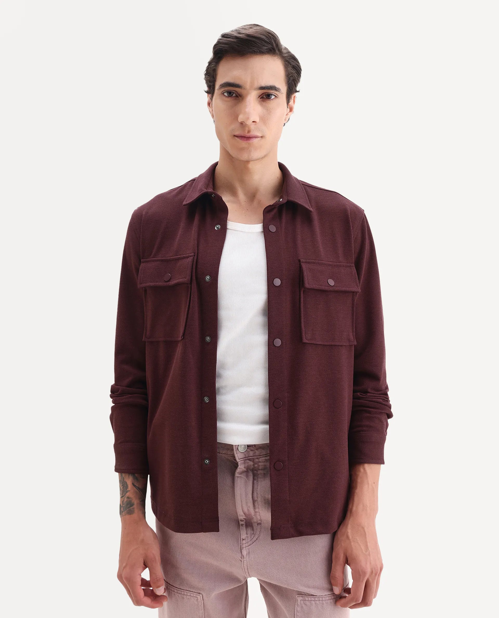 Rare Rabbit Men's Arlington-25 Dark Red Polyester Blend Fabric Collared Neck Regular Fit Plain Jacket