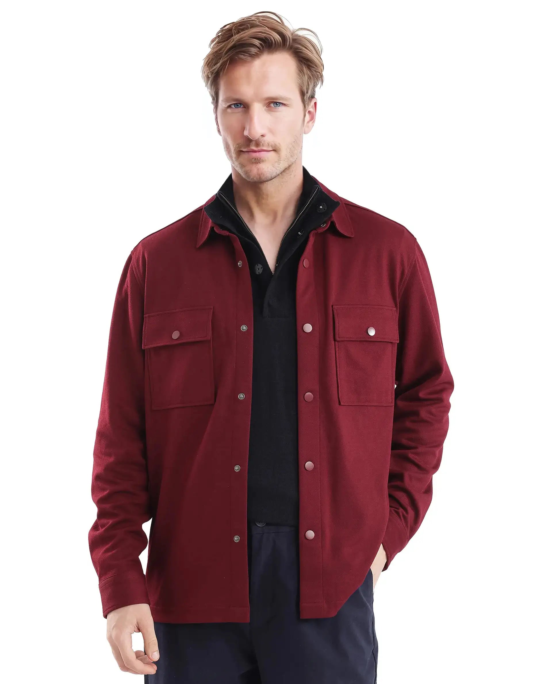 Rare Rabbit Men Arlington Red Poly Rayon Fabric Full Sleeve Regular Collar Snap Button Closure Solid Shacket