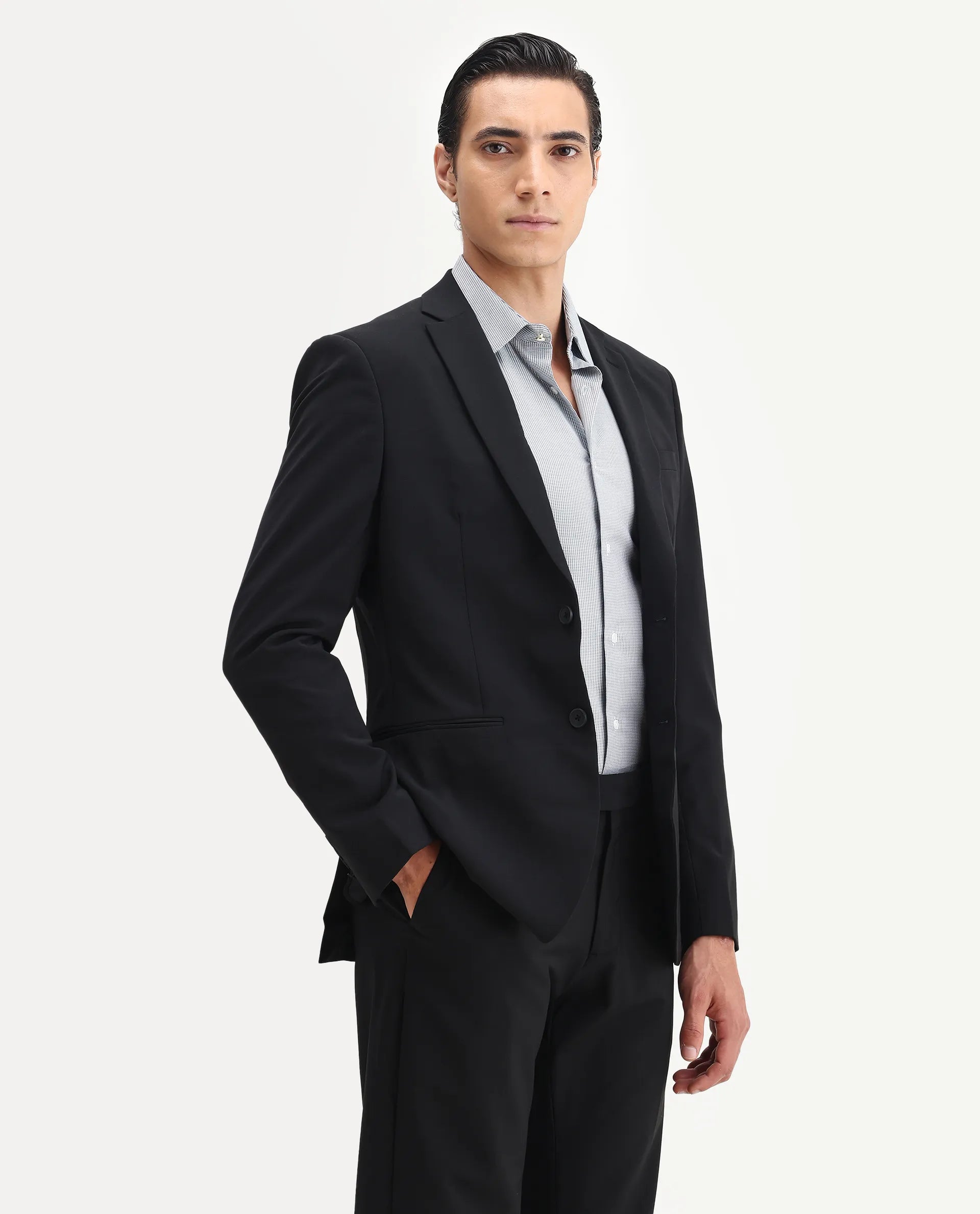 Rare Rabbit Men's Arlo-B Black Polyester Plain Slim Fit Full Sleeve Lapel Neck Suits