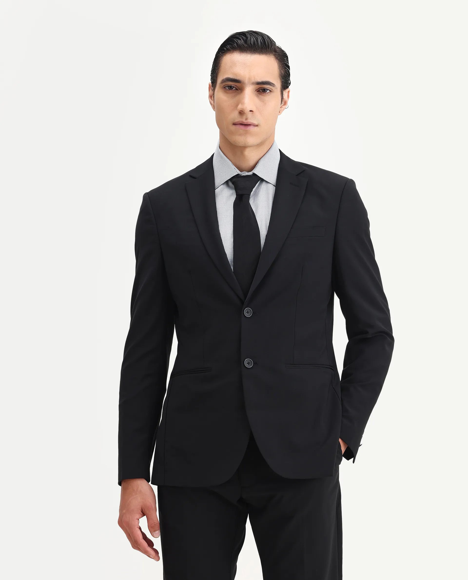 Rare Rabbit Men's Arlo-B Black Polyester Plain Slim Fit Full Sleeve Lapel Neck Suits