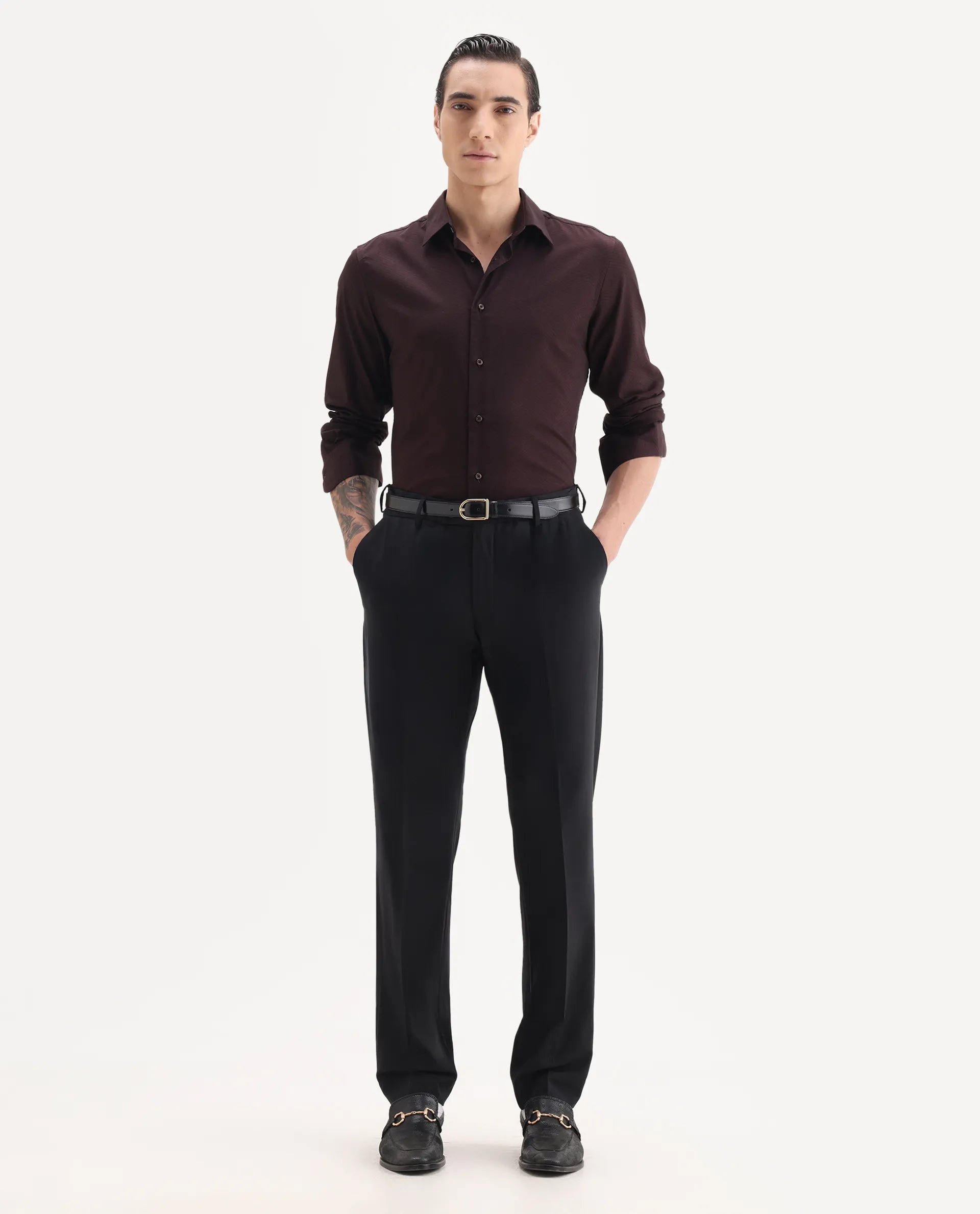 Rare Rabbit Men's Arlo Black Wool Plain Regular Fit Trouser