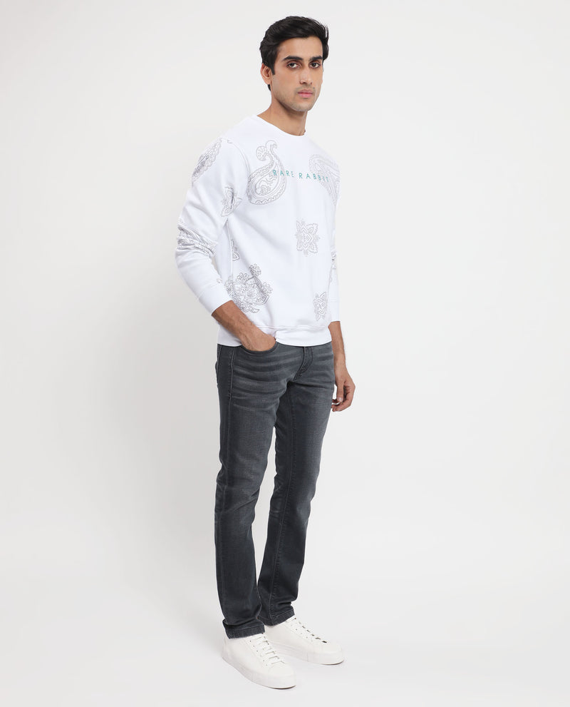 Rare Rabbit Men's Arloo White Cotton Polyester Fabric Full Sleeves Paisley Print Knitted Sweatshirt