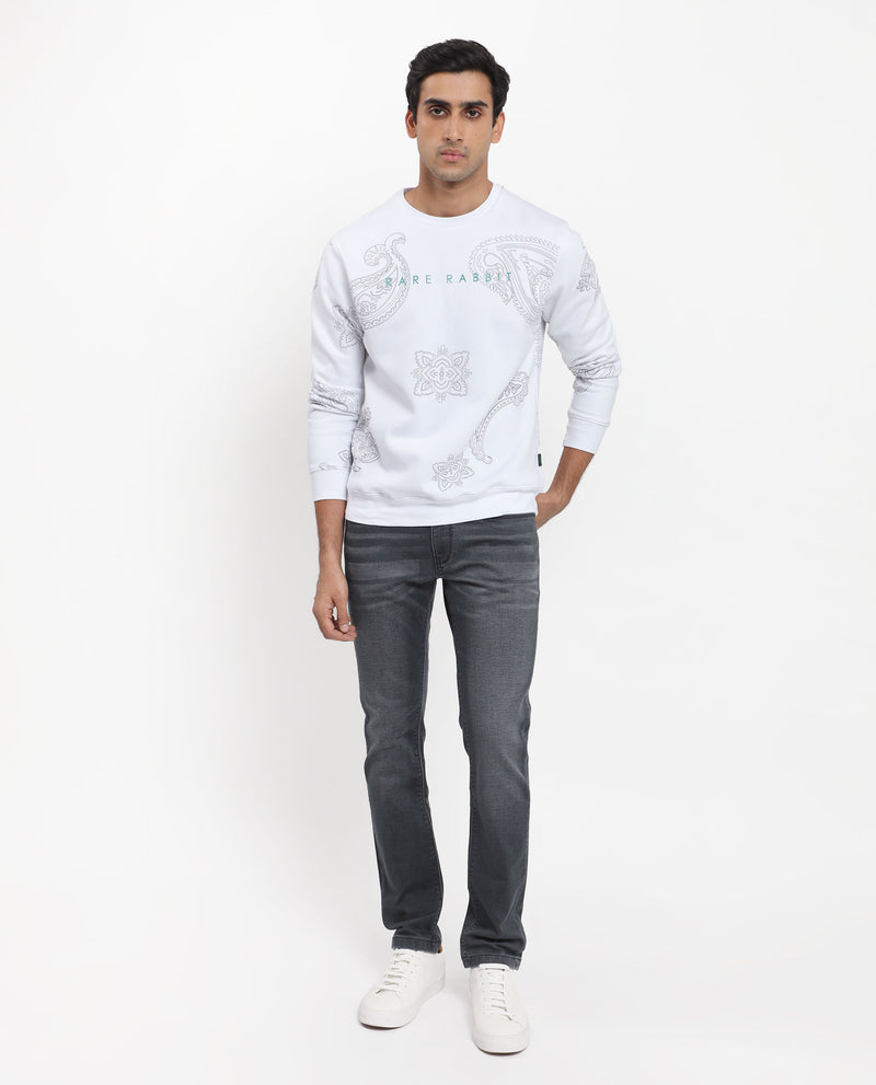 Rare Rabbit Men's Arloo White Cotton Polyester Fabric Full Sleeves Paisley Print Knitted Sweatshirt