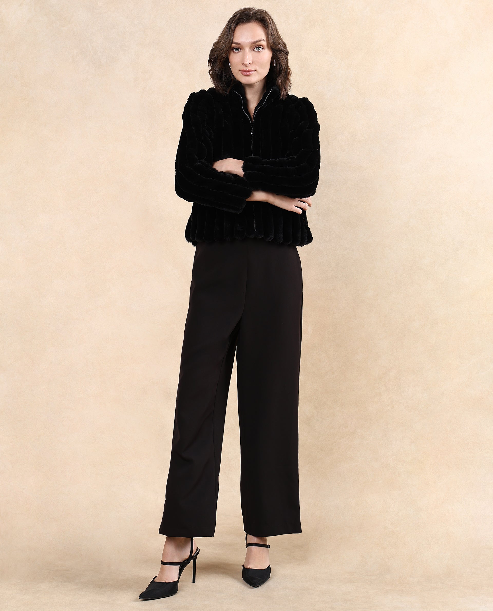 Rareism Women Armidale Black Full Sleeve Mandarin Collar Zipper Closure Plain Jacket
