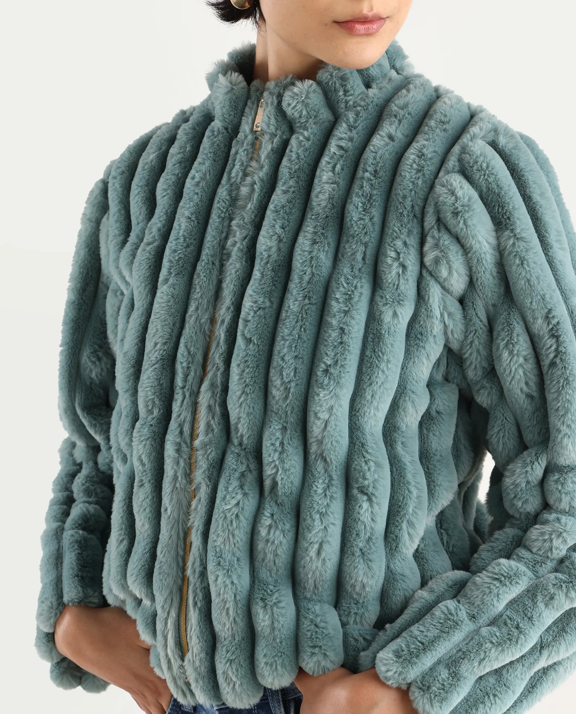 Rareism Women's Armidale Turq Cotton Blend Mandarin Collar Plain Regular Fit Jacket