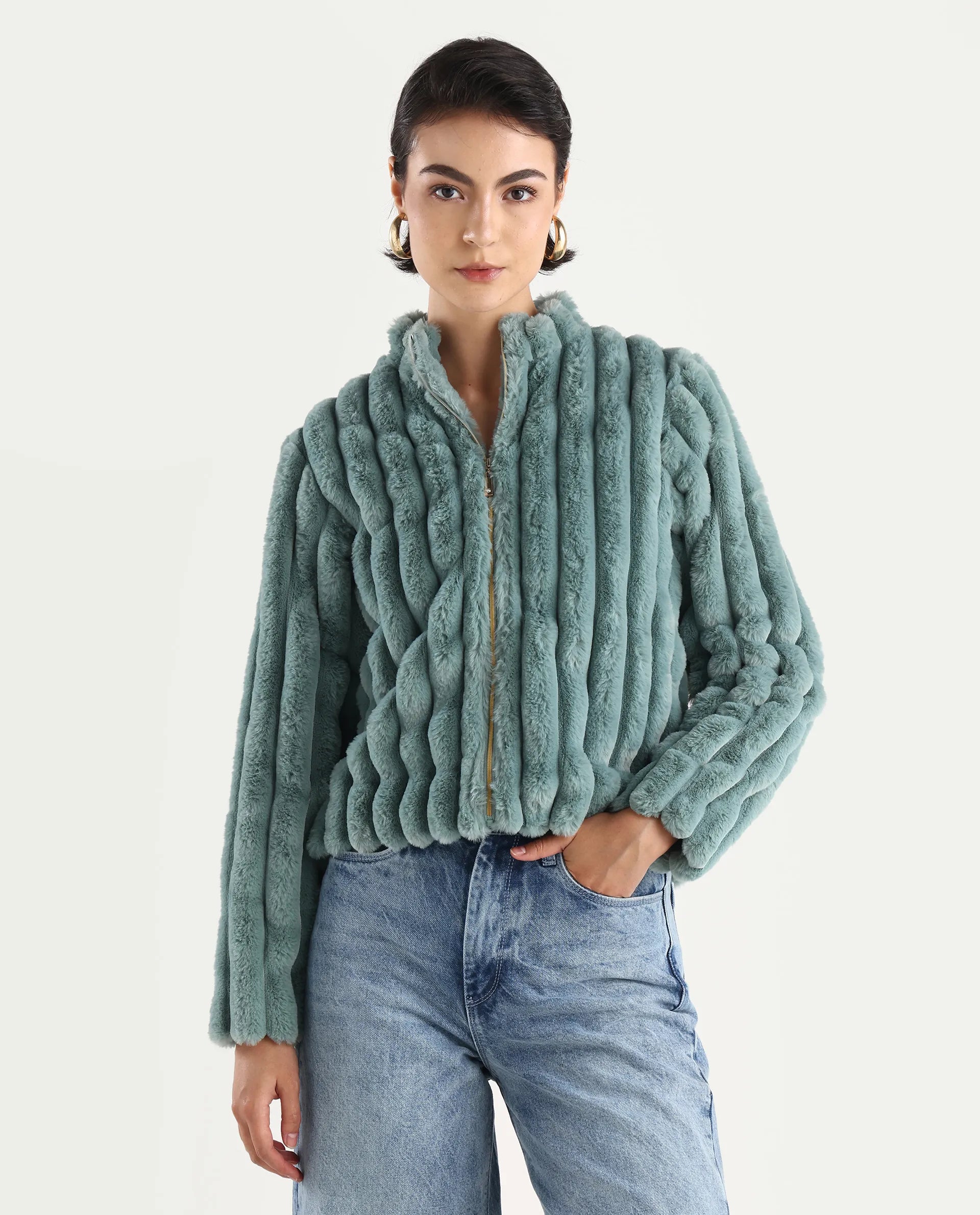 Rareism Women's Armidale Turq Cotton Blend Mandarin Collar Plain Regular Fit Jacket