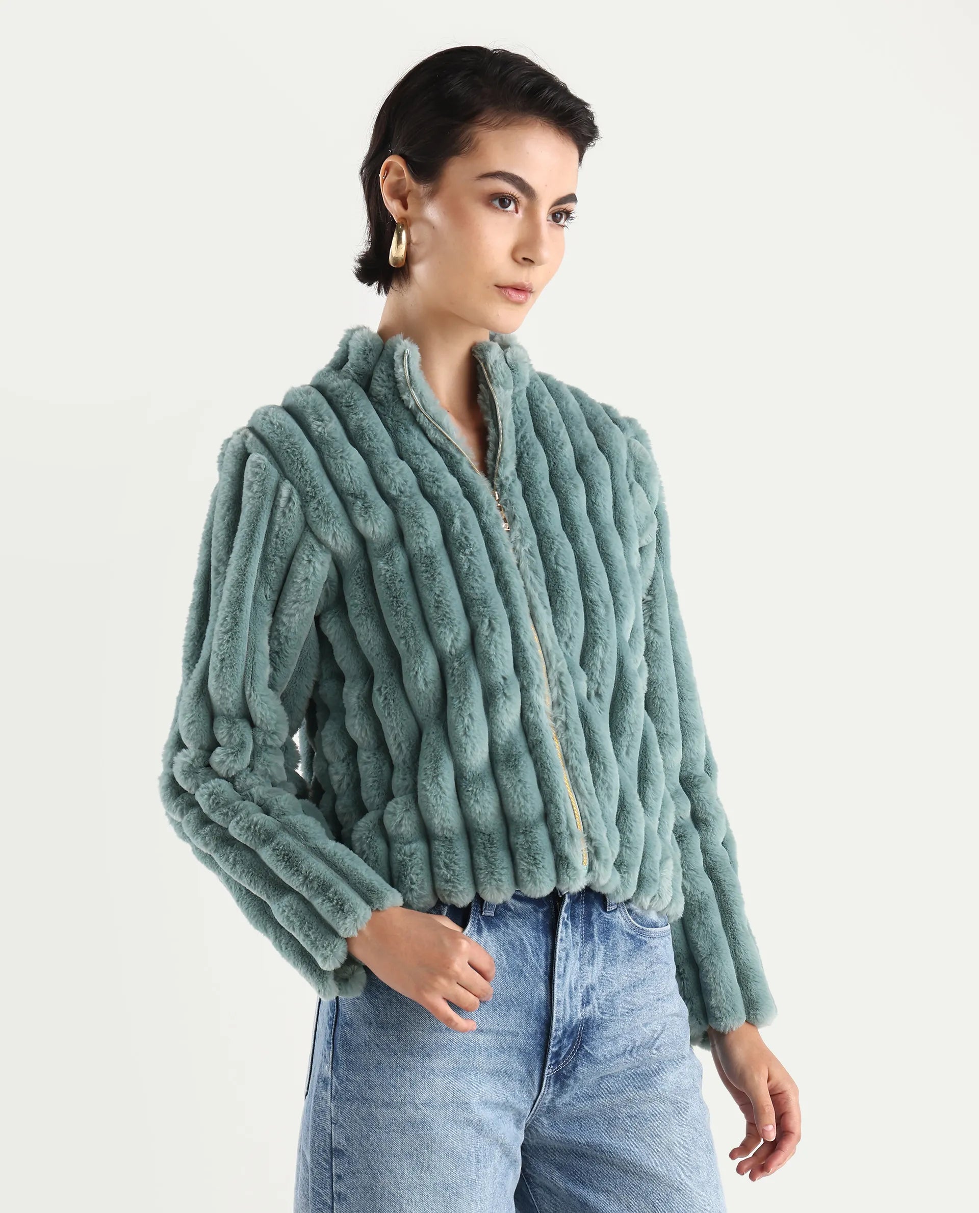 Rareism Women's Armidale Turq Cotton Blend Mandarin Collar Plain Regular Fit Jacket