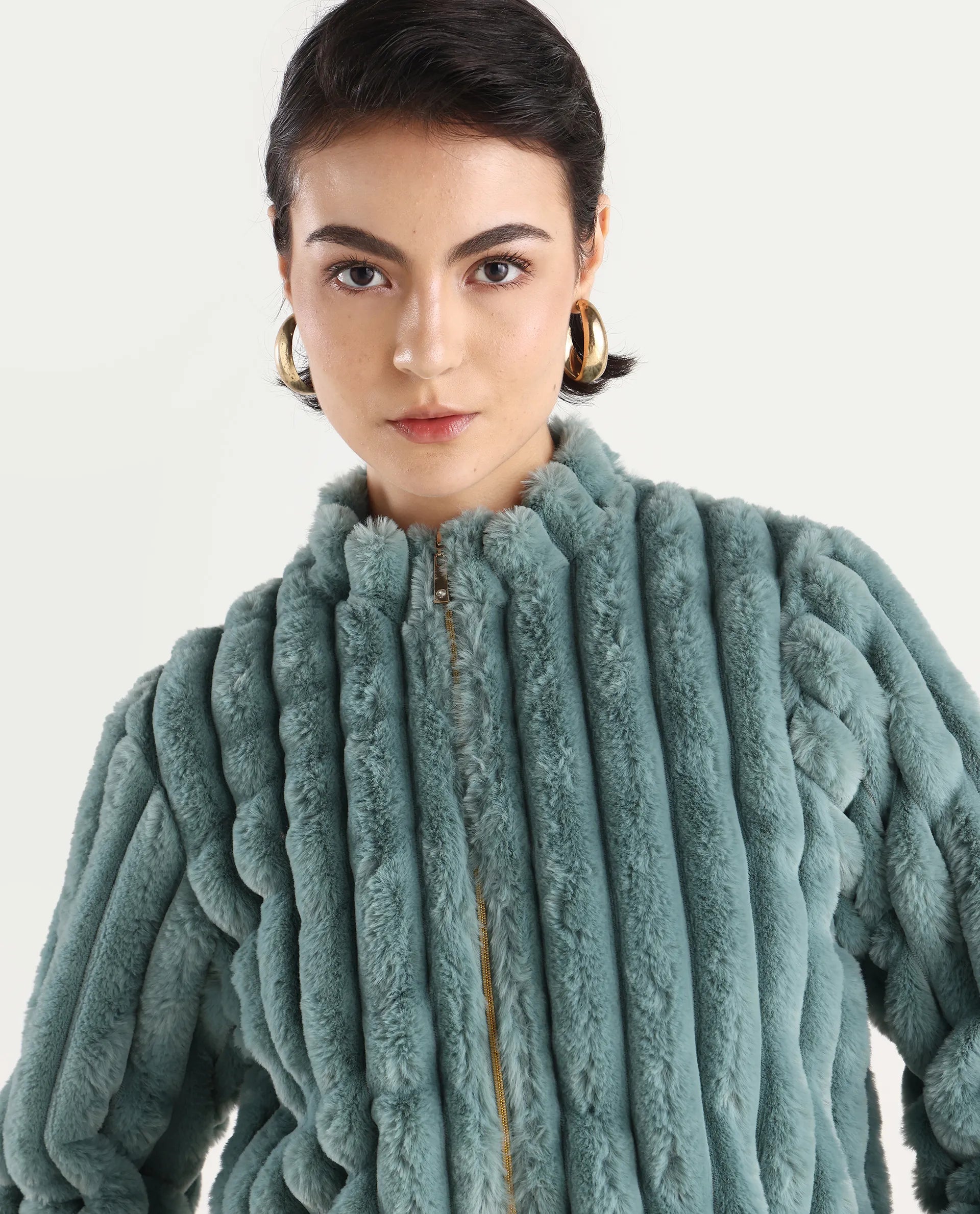 Rareism Women's Armidale Turq Cotton Blend Mandarin Collar Plain Regular Fit Jacket