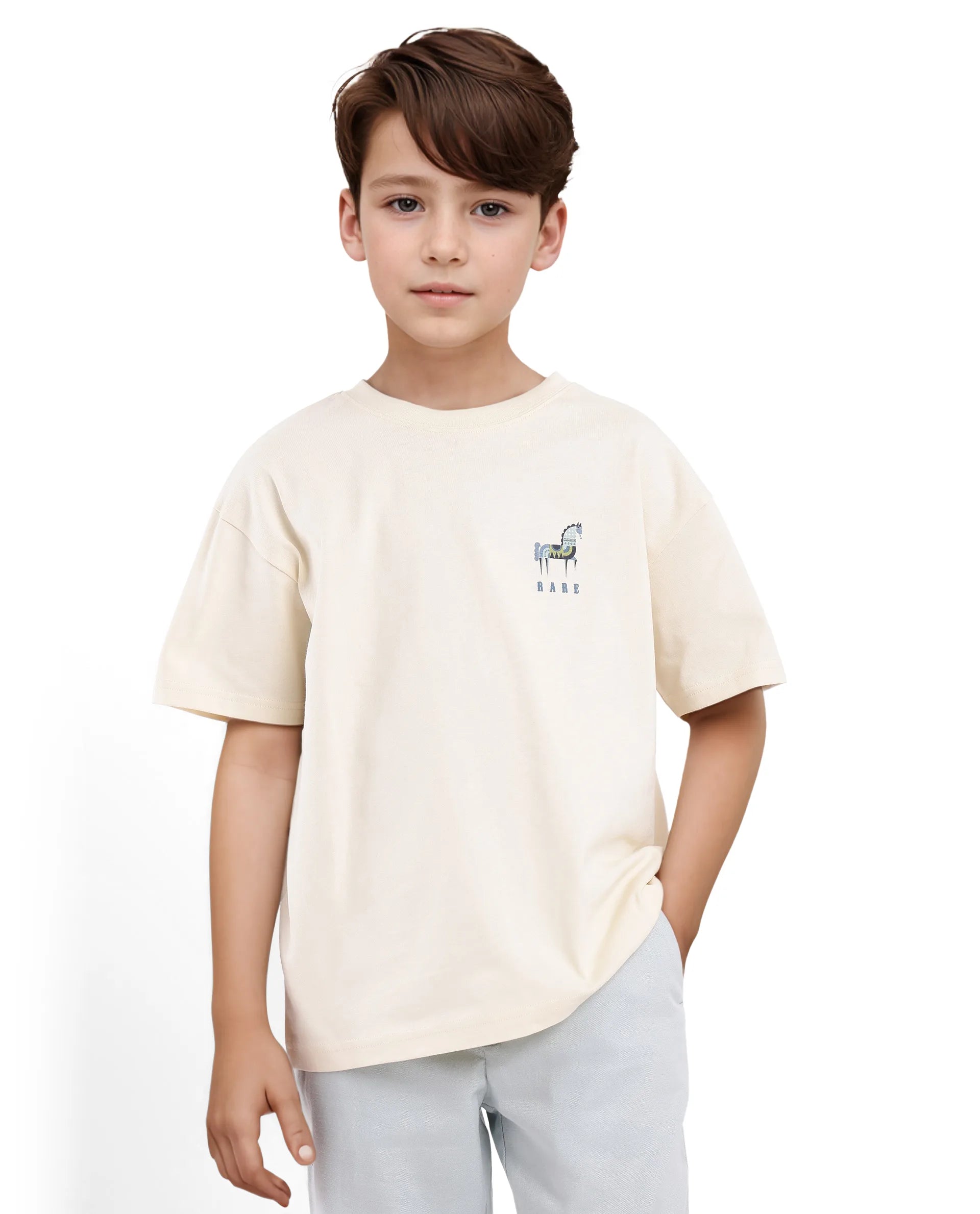 Rare Ones Kids Armi Off White Cotton Fabric Half Sleeves Boxy Fit Crew Neck Graphic Print T-Shirt