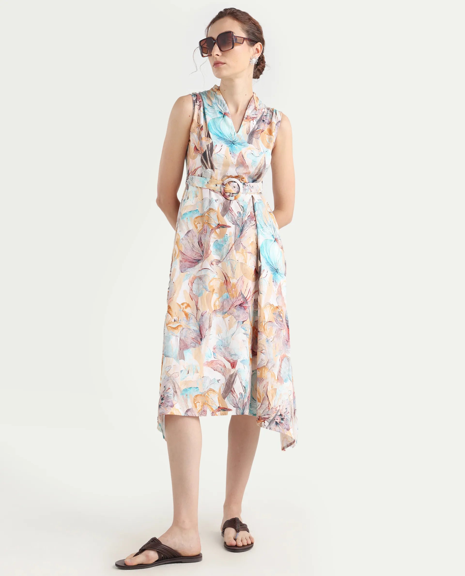 Rareism Women's Armon Light Multi Cotton Blend V-Neck Floral Print Sleeveless Midi Flared Dress