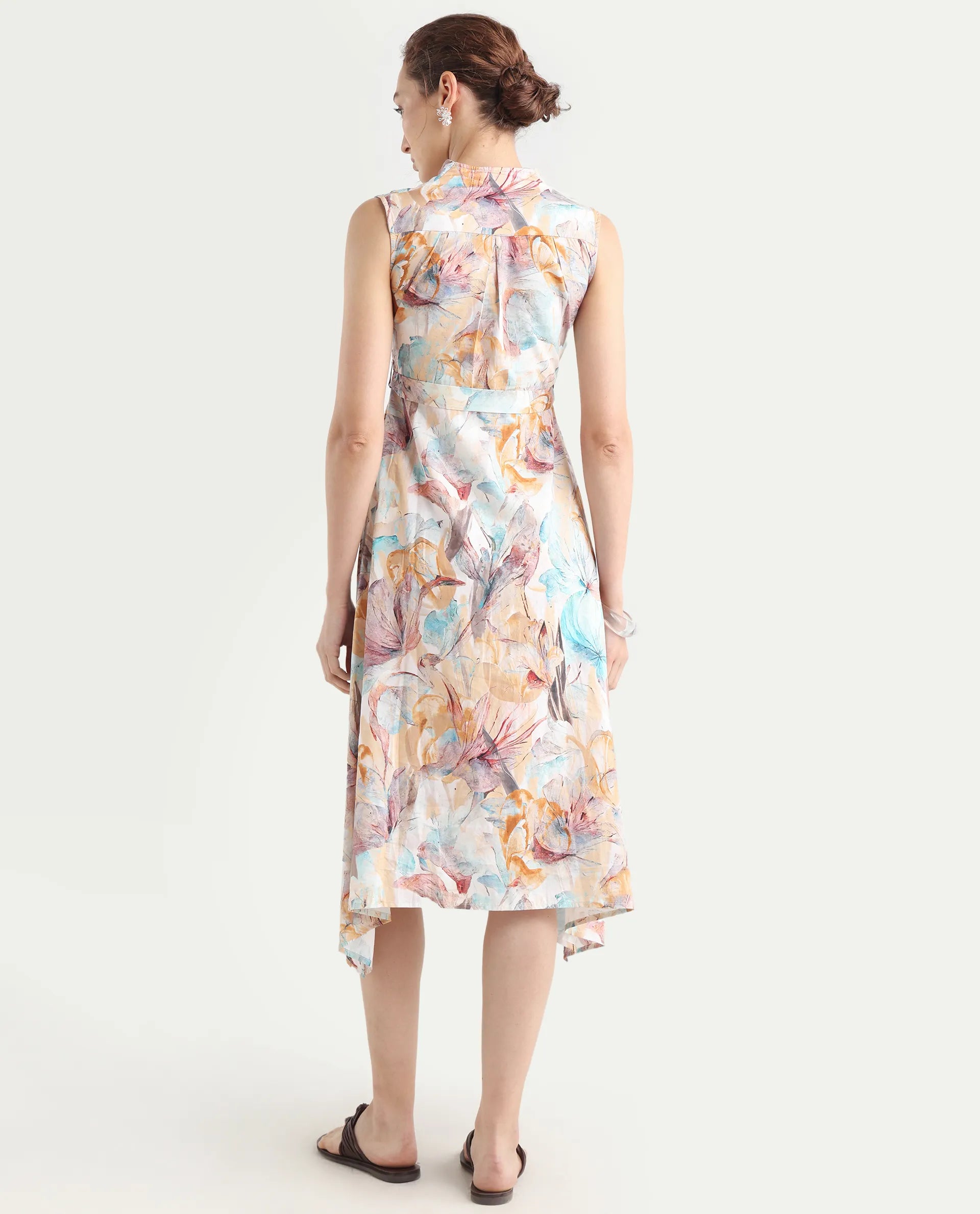 Rareism Women's Armon Light Multi Cotton Blend V-Neck Floral Print Sleeveless Midi Flared Dress