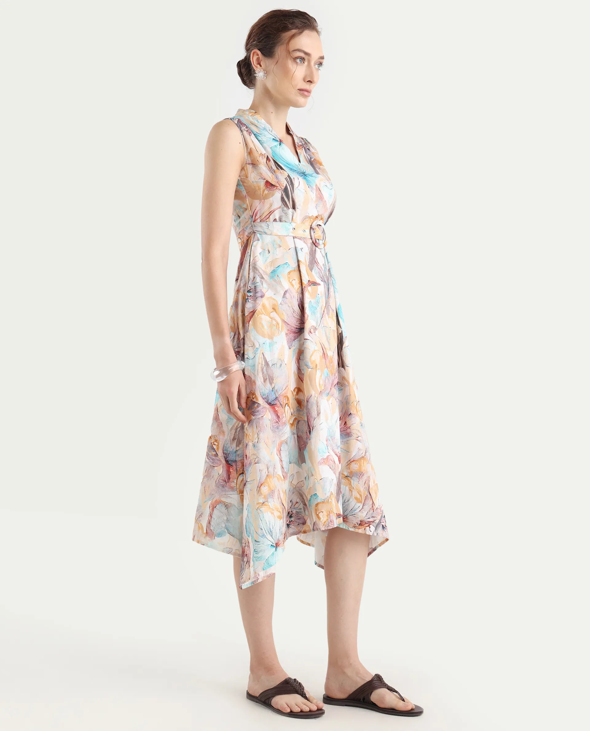 Rareism Women's Armon Light Multi Cotton Blend V-Neck Floral Print Sleeveless Midi Flared Dress