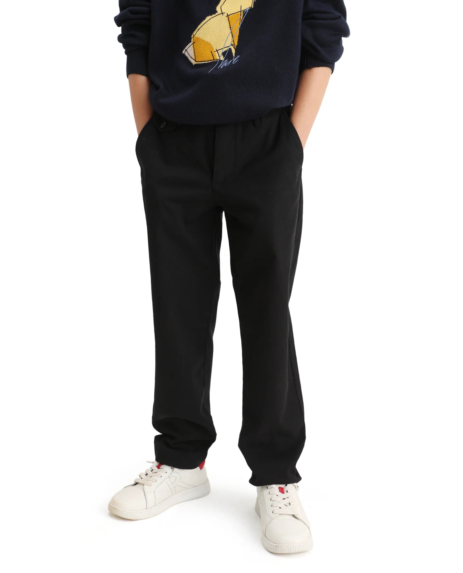 Rare Ones Kids Arne-K Black Cotton Blend Solid Button Closure Regular Fit Trouser