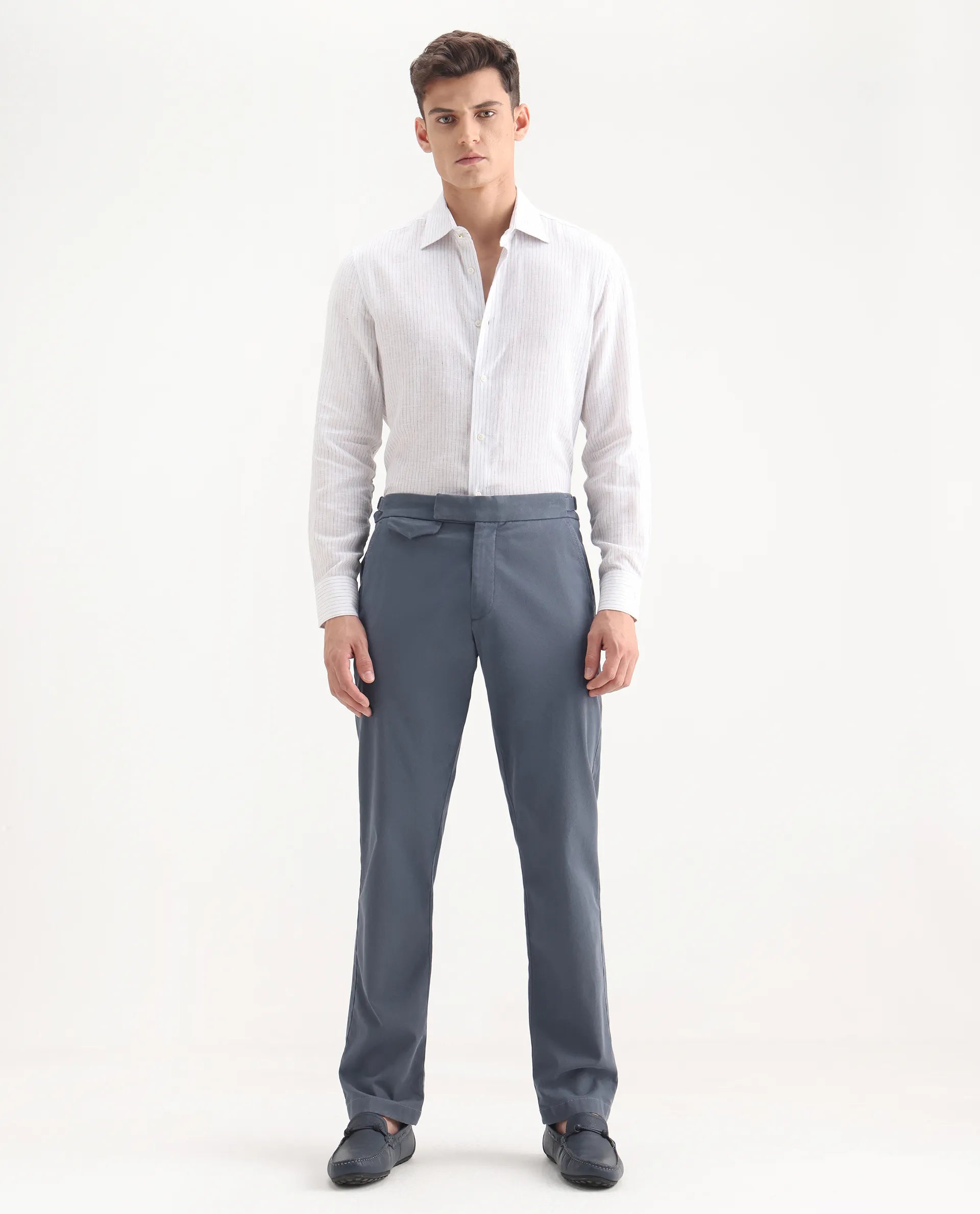 Rare Rabbit Men's Arne Dusky Blue Cotton Blend Plain Regular Fit Trouser