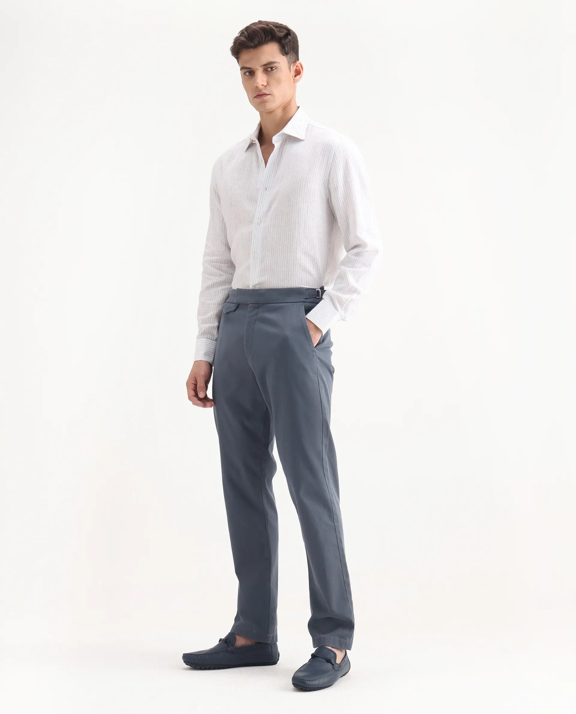 Rare Rabbit Men's Arne Dusky Blue Cotton Blend Plain Regular Fit Trouser