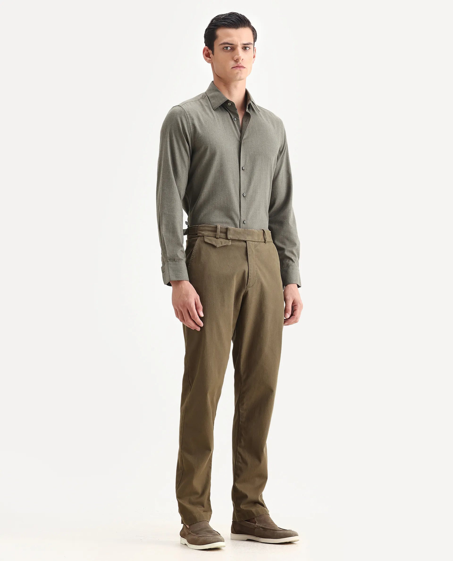 Rare Rabbit Men Arne Olive Cotton Blend Plain Regular Fit Trouser
