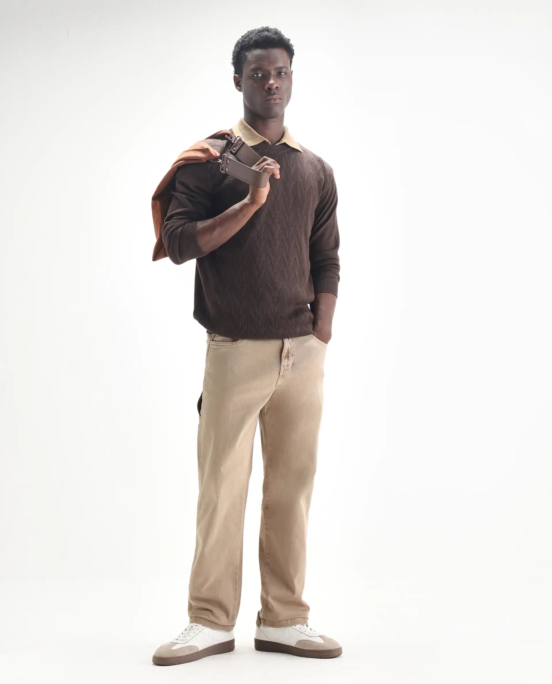 Rare Rabbit Men's Arni Light Beige Cotton Plain Relaxed Fit Jeans