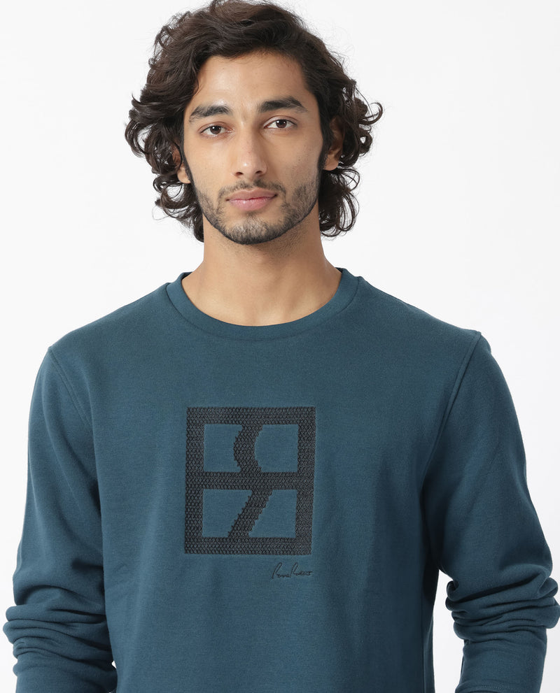 RARE RABBIT MENS ARNOLD TEAL SWEATSHIRT COTTON POLYESTER FABRIC ROUND NECK KNITTED FULL SLEEVES COMFORTABLE FIT