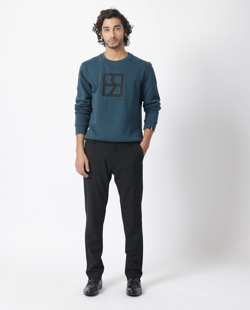RARE RABBIT MENS ARNOLD TEAL SWEATSHIRT COTTON POLYESTER FABRIC ROUND NECK KNITTED FULL SLEEVES COMFORTABLE FIT