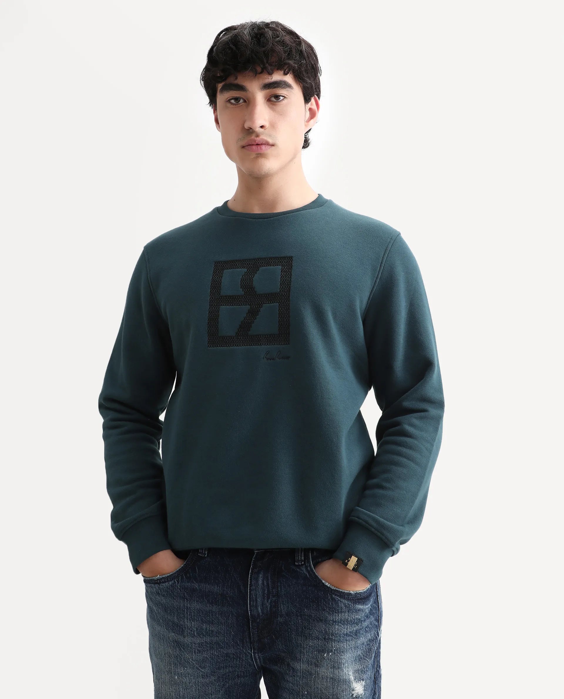 Rare Rabbit Men's Arnold Teal Cotton Embroidered Regular Fit Full Sleeve Crew Neck Sweatshirt