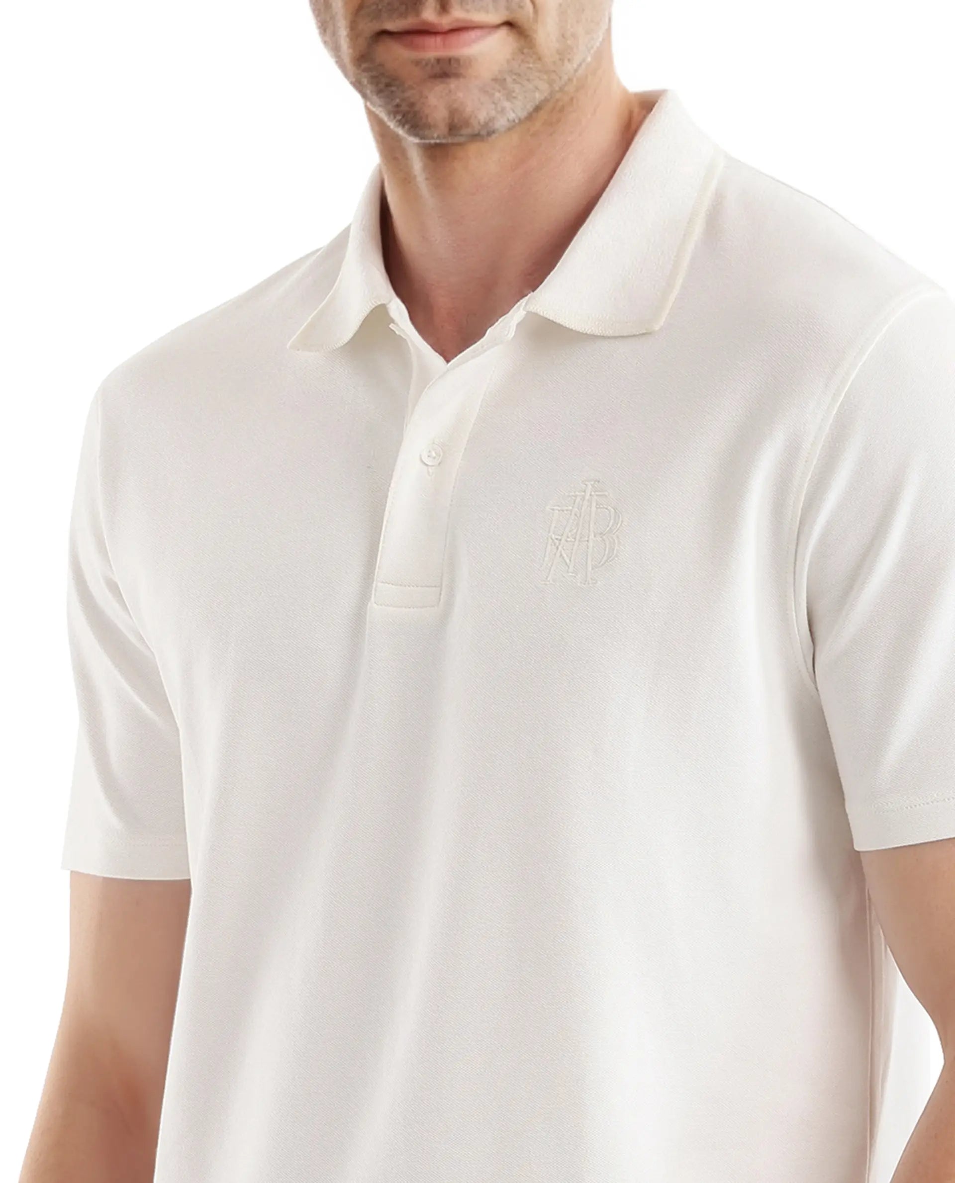 Rare Rabbit Men Aroe Off White Lycra Pique Fabric Short Sleeve Regular Collared Embroidered Logo Plain Polo