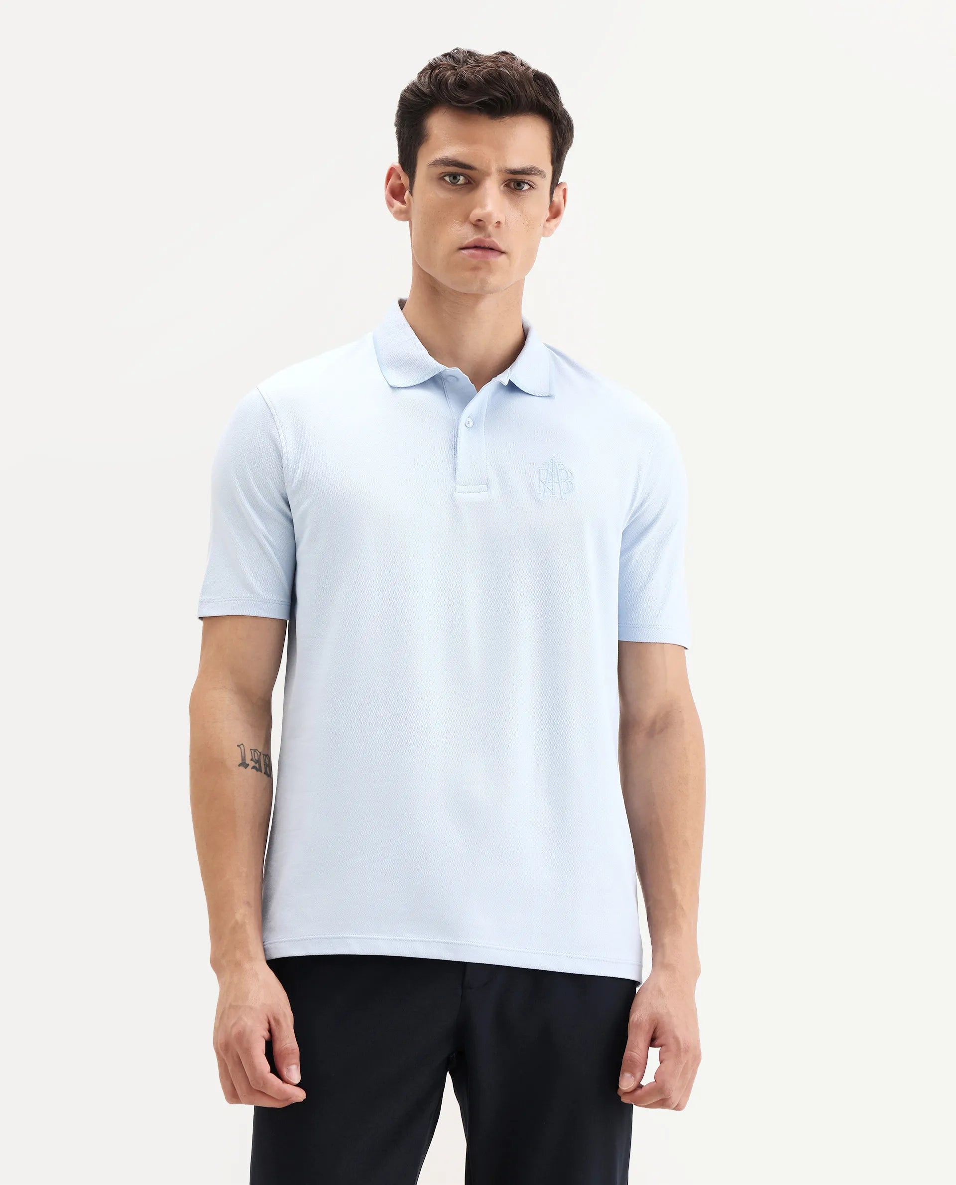 Rare Rabbit Men's Aroe Pastel Blue Cotton Blend Plain Regular Fit Half Sleeve Polo