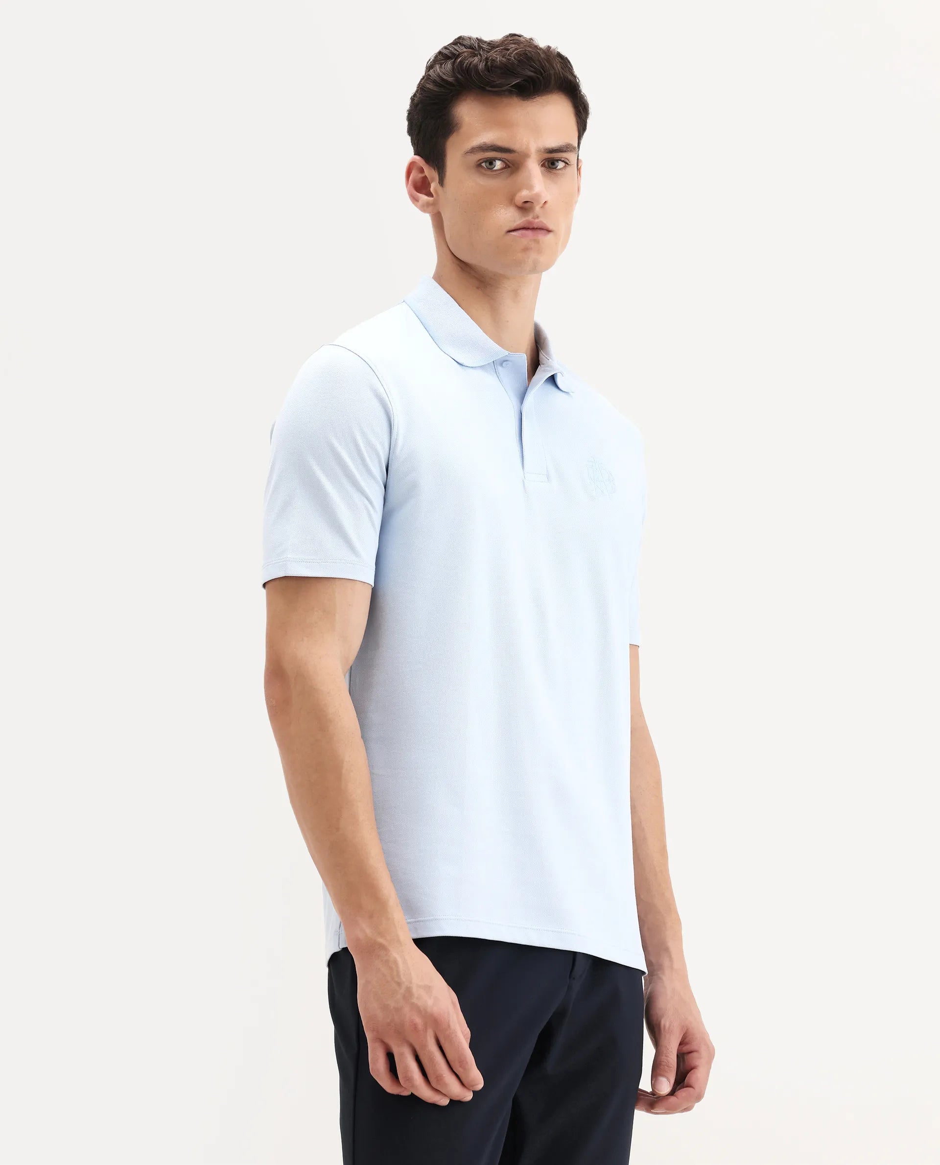 Rare Rabbit Men's Aroe Pastel Blue Cotton Blend Plain Regular Fit Half Sleeve Polo