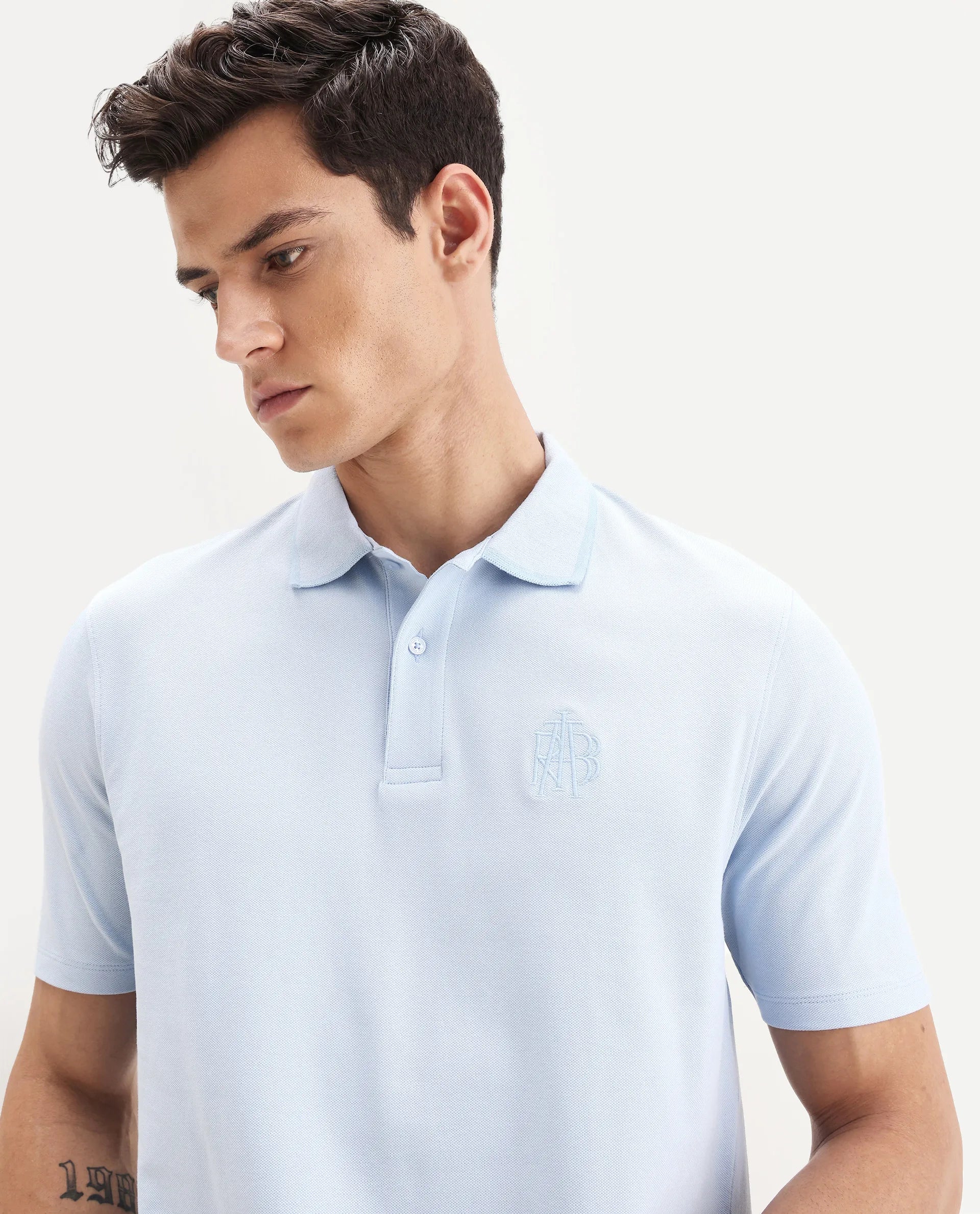 Rare Rabbit Men's Aroe Pastel Blue Cotton Blend Plain Regular Fit Half Sleeve Polo