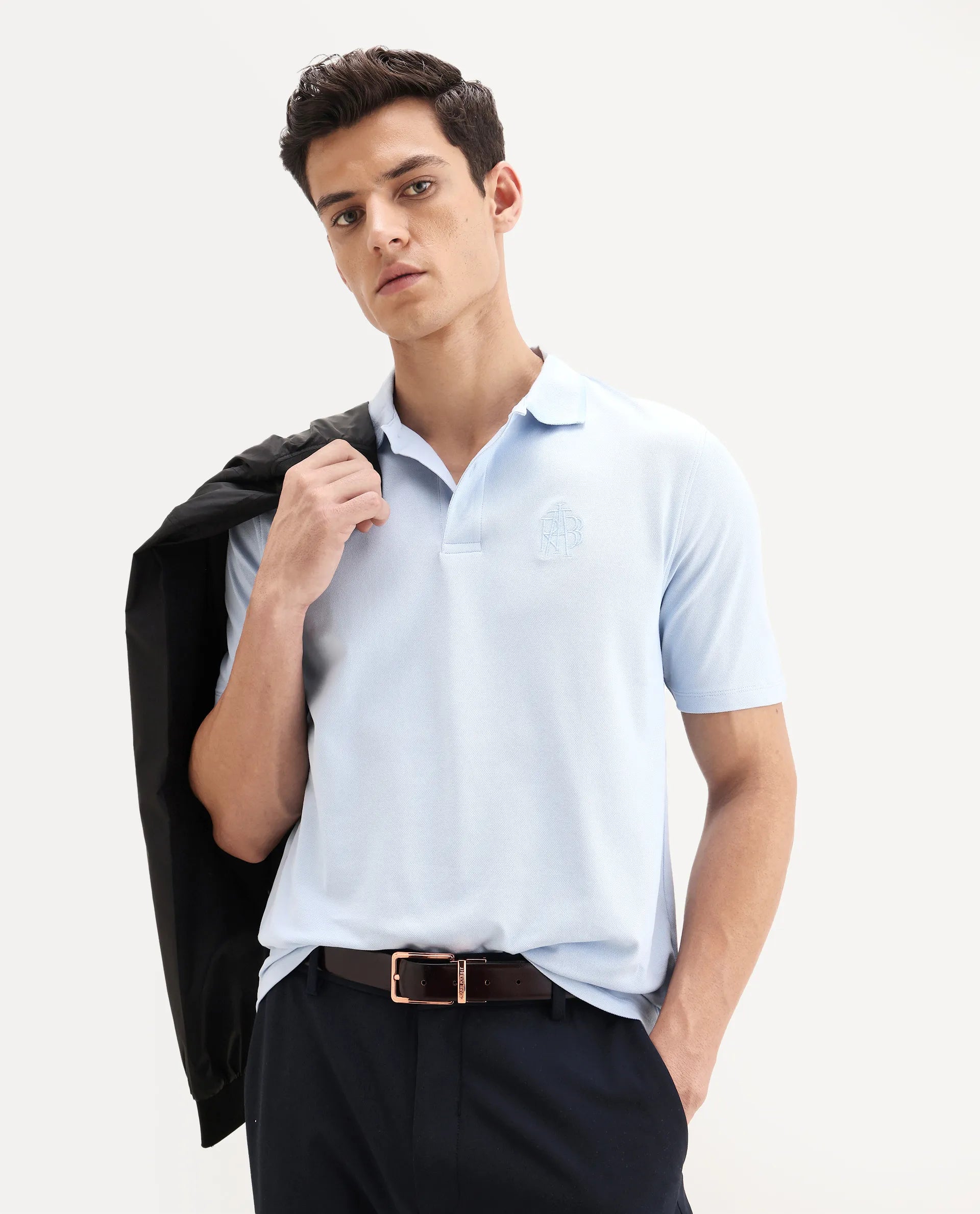 Rare Rabbit Men's Aroe Pastel Blue Cotton Blend Plain Regular Fit Half Sleeve Polo