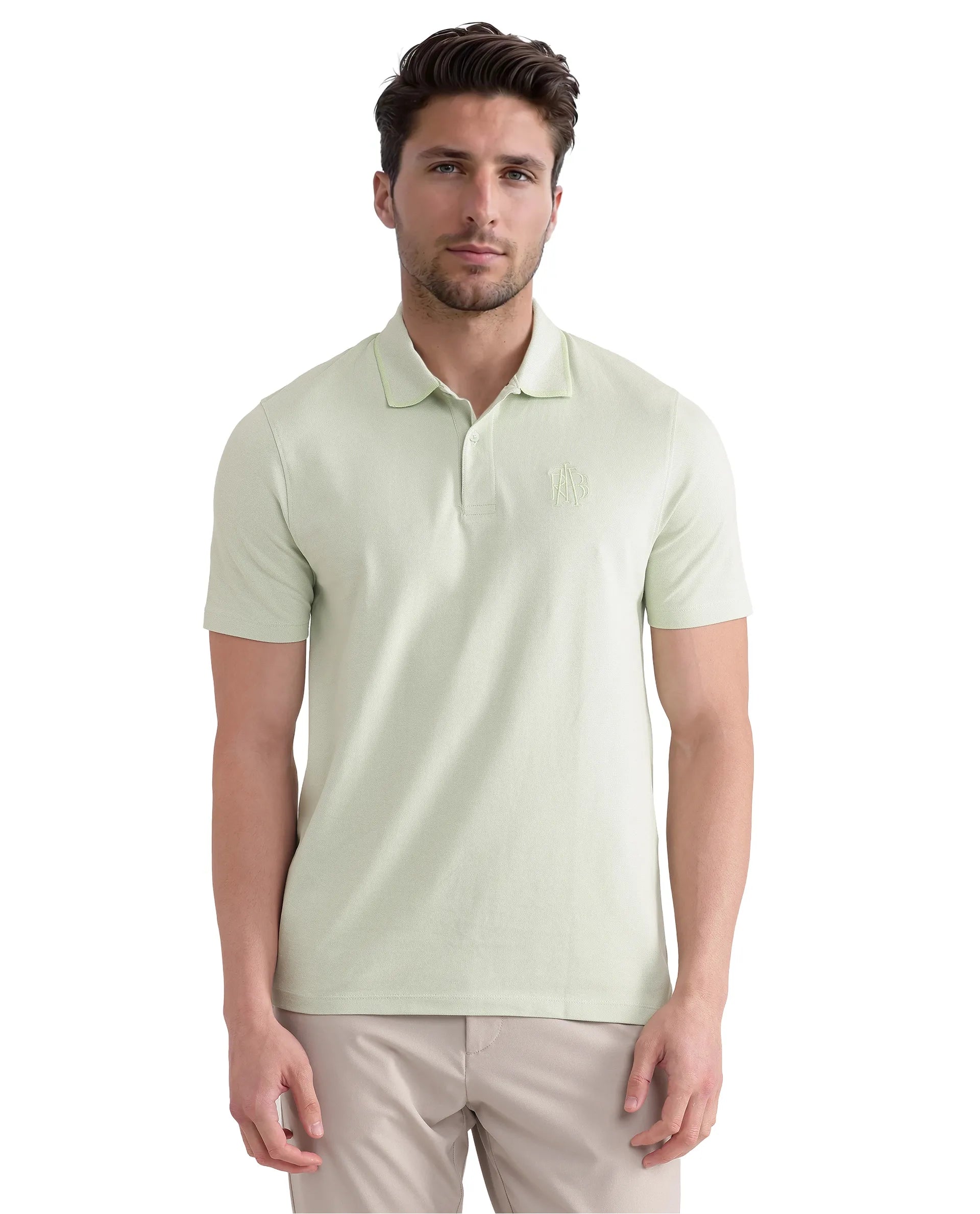 Rare Rabbit Men Aroe Pastel Green Short Sleeve Collared Neck Button Closure Plain Polo