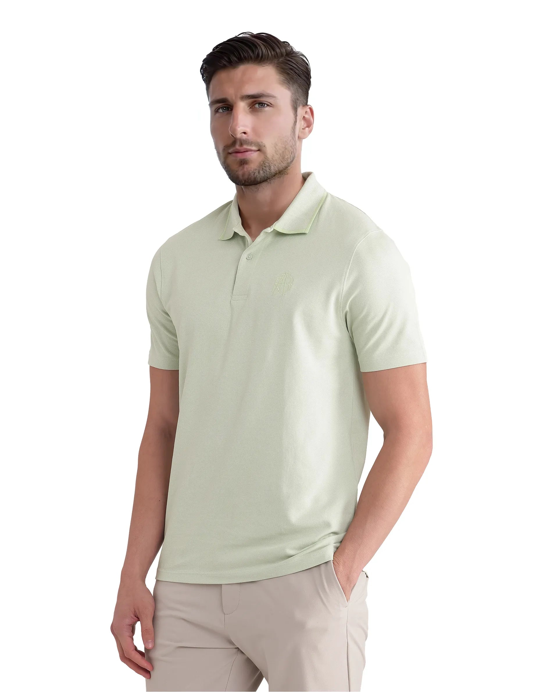 Rare Rabbit Men Aroe Pastel Green Short Sleeve Collared Neck Button Closure Plain Polo