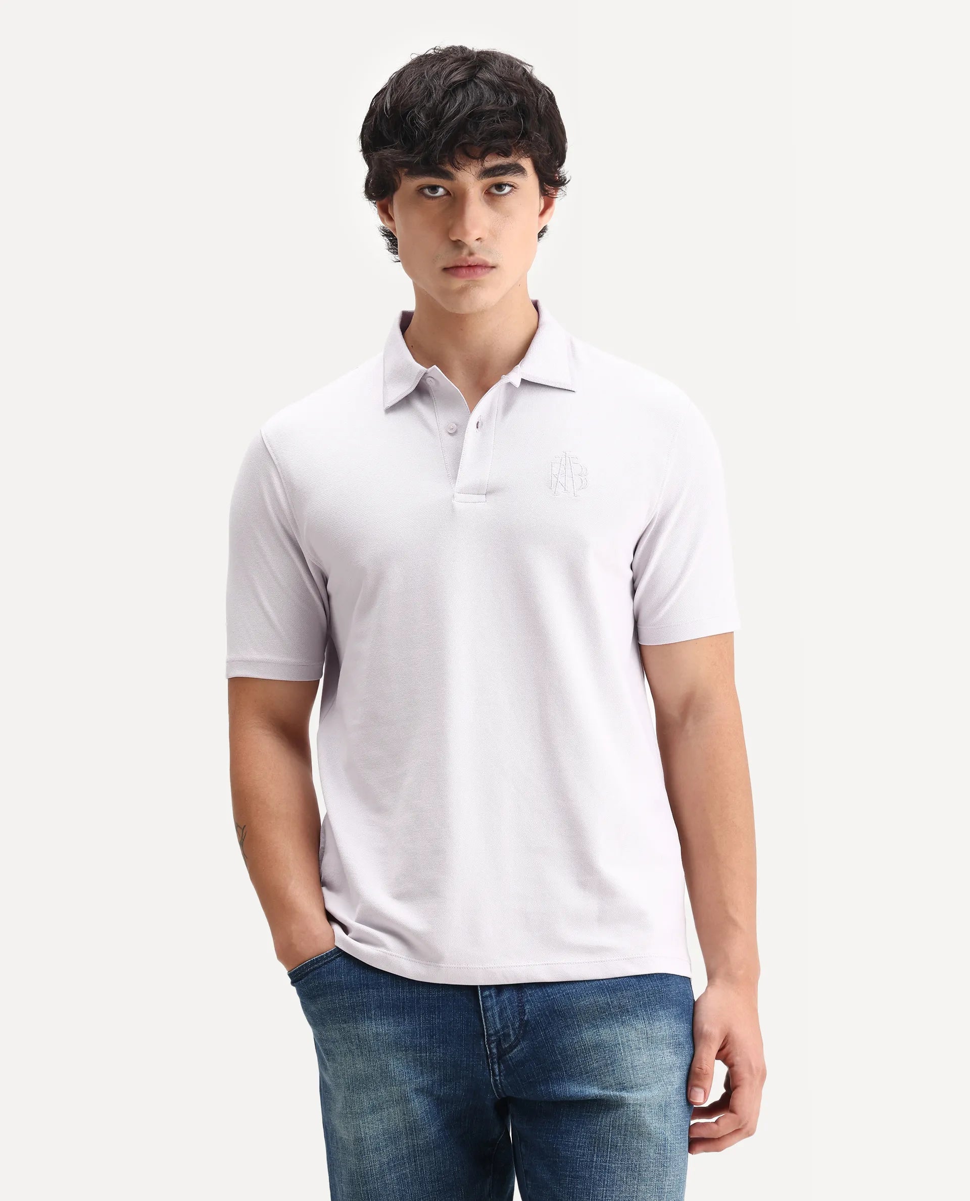 Rare Rabbit Men's Aroe Pastel Purple Lycra Plain Regular Fit Half Sleeve Polo