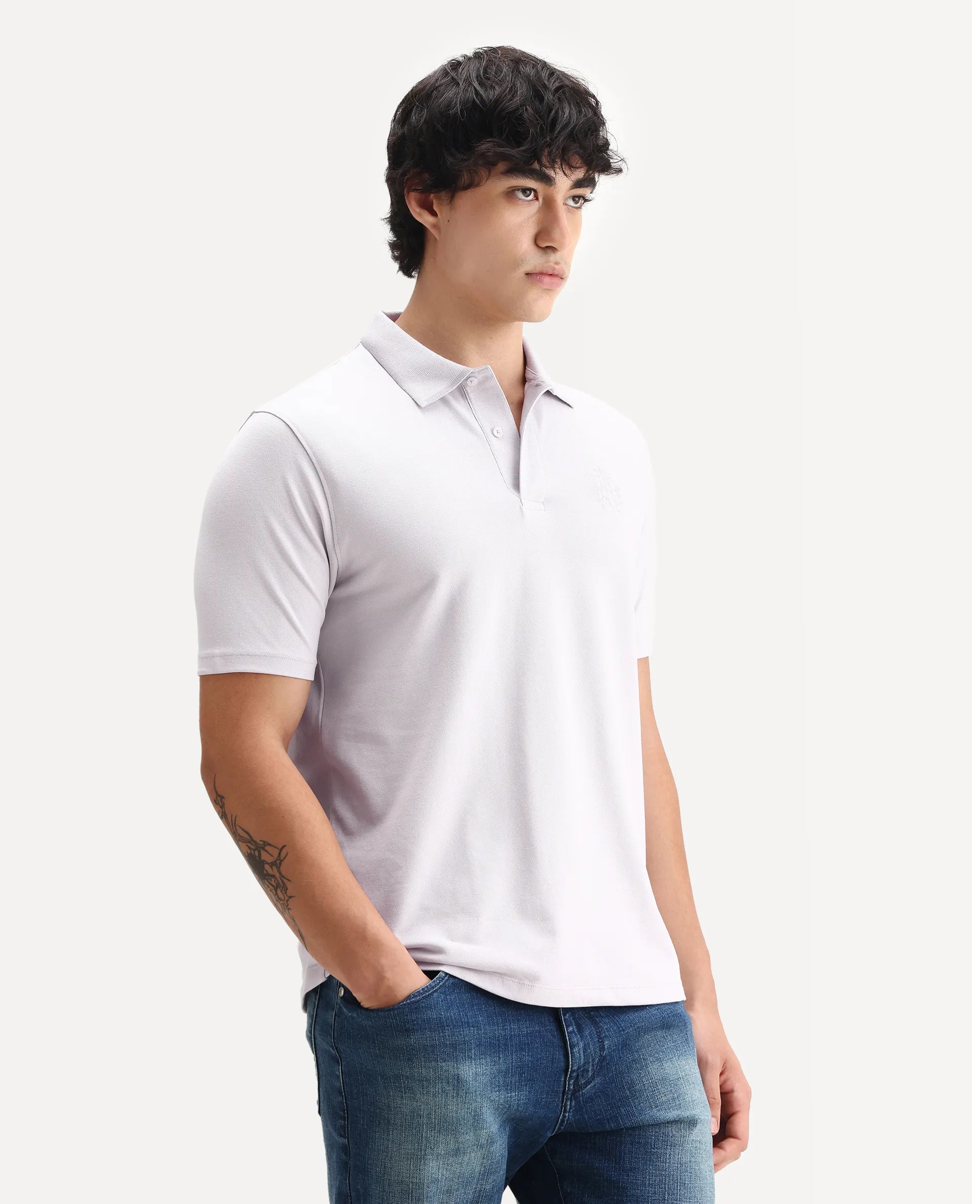 Rare Rabbit Men's Aroe Pastel Purple Lycra Plain Regular Fit Half Sleeve Polo