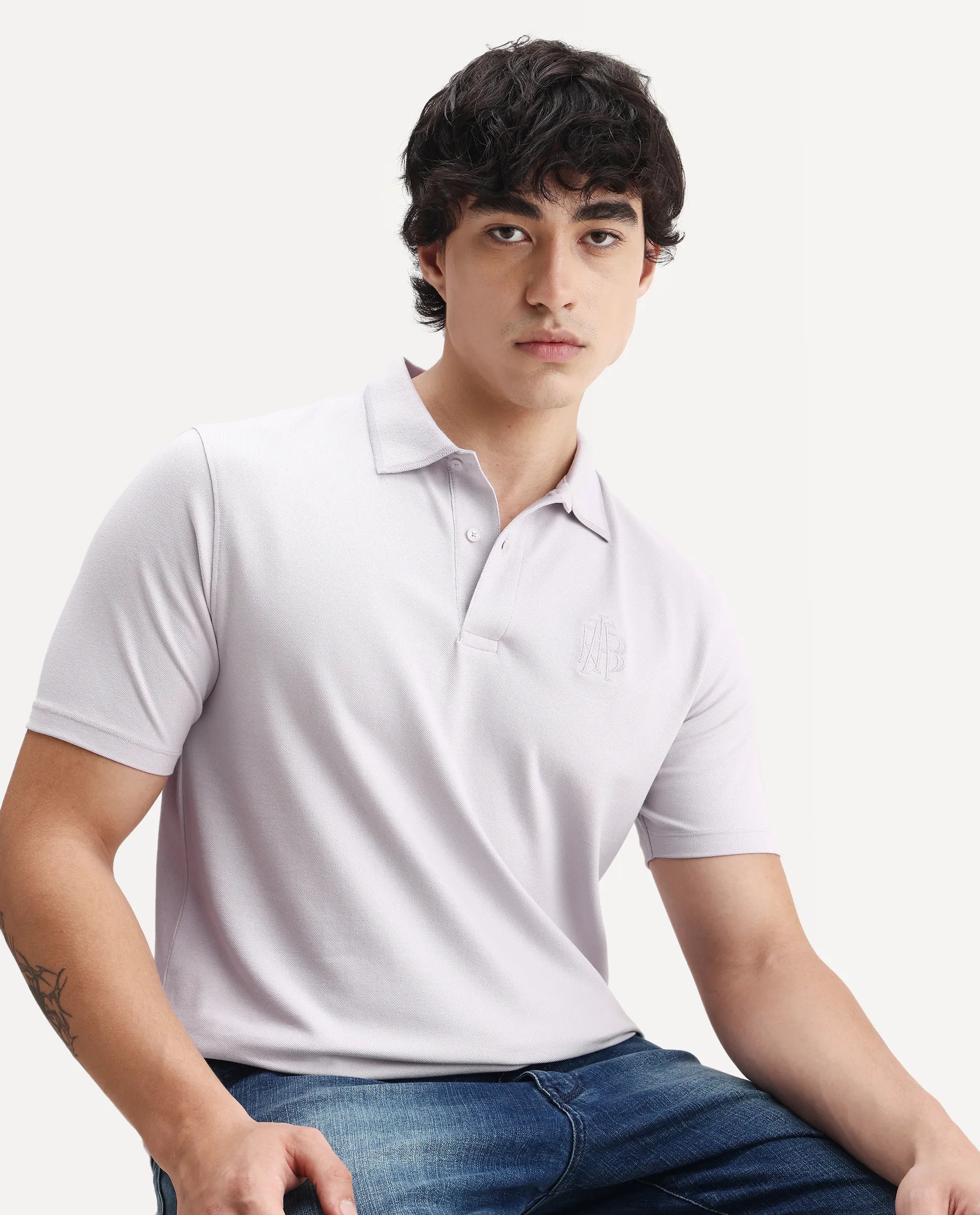 Rare Rabbit Men's Aroe Pastel Purple Lycra Plain Regular Fit Half Sleeve Polo