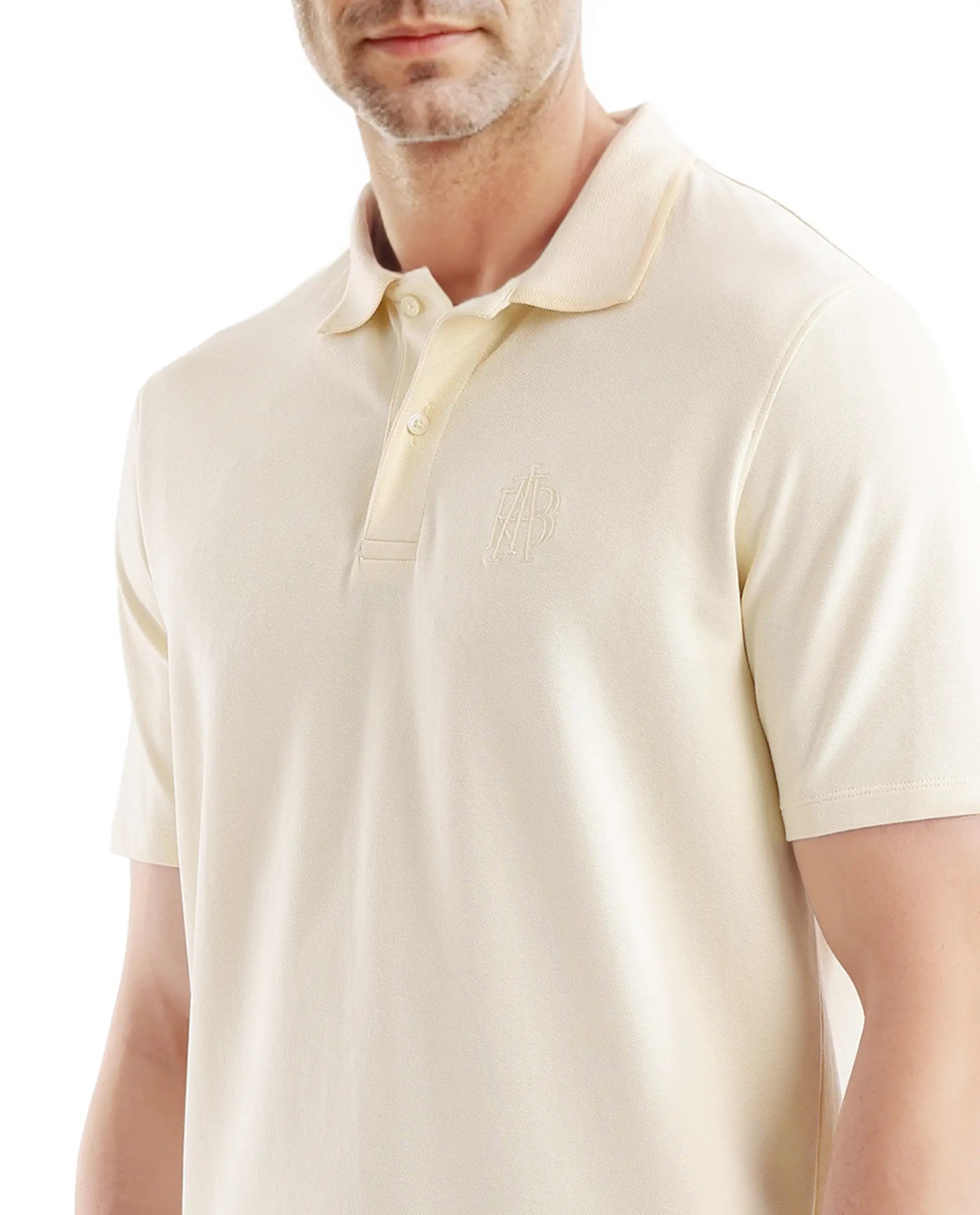 Rare Rabbit Men Aroe Pastel Yellow Lycra Pique Fabric Short Sleeve Regular Collared Embroidered Logo Plain Polo