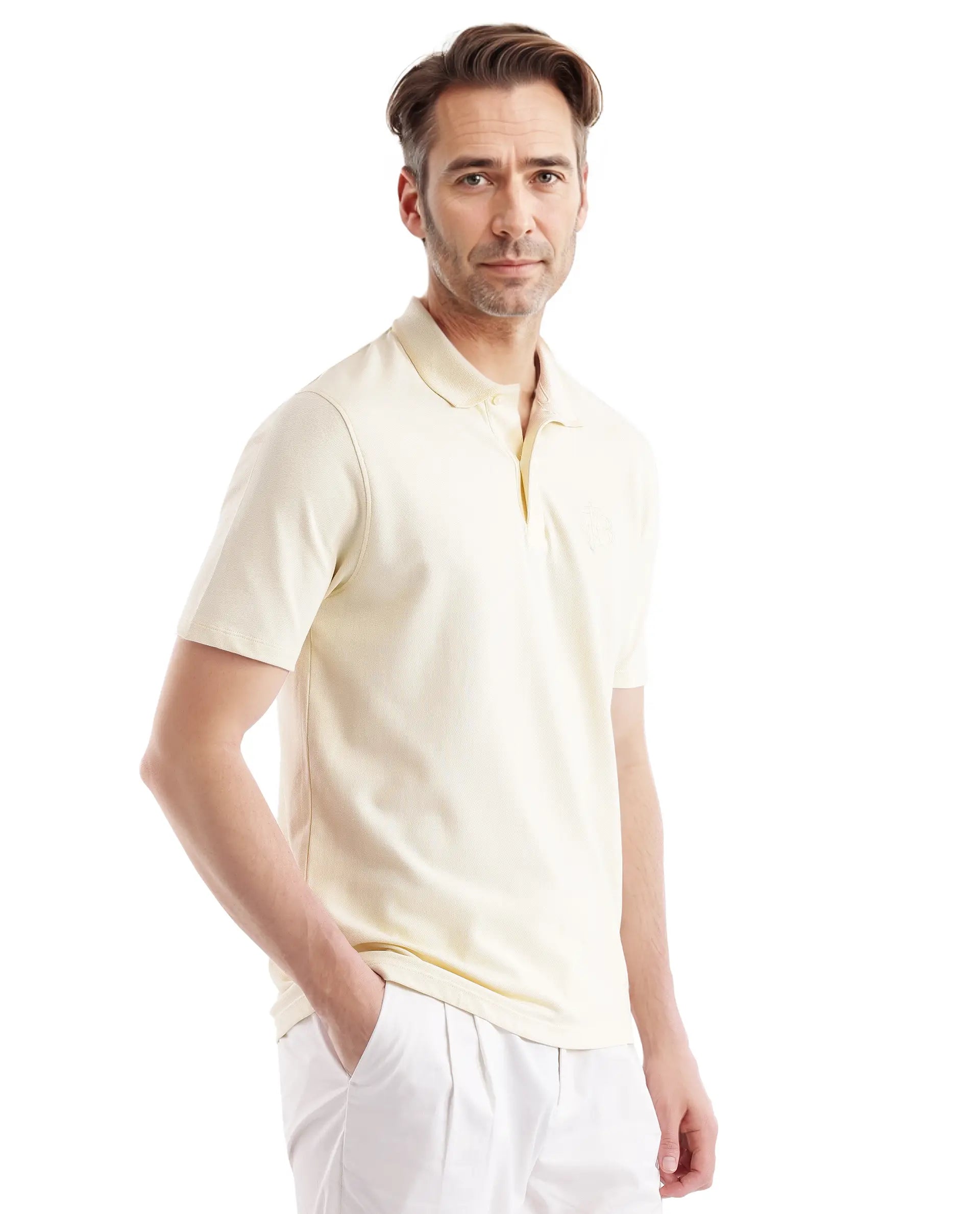 Rare Rabbit Men Aroe Pastel Yellow Lycra Pique Fabric Short Sleeve Regular Collared Embroidered Logo Plain Polo