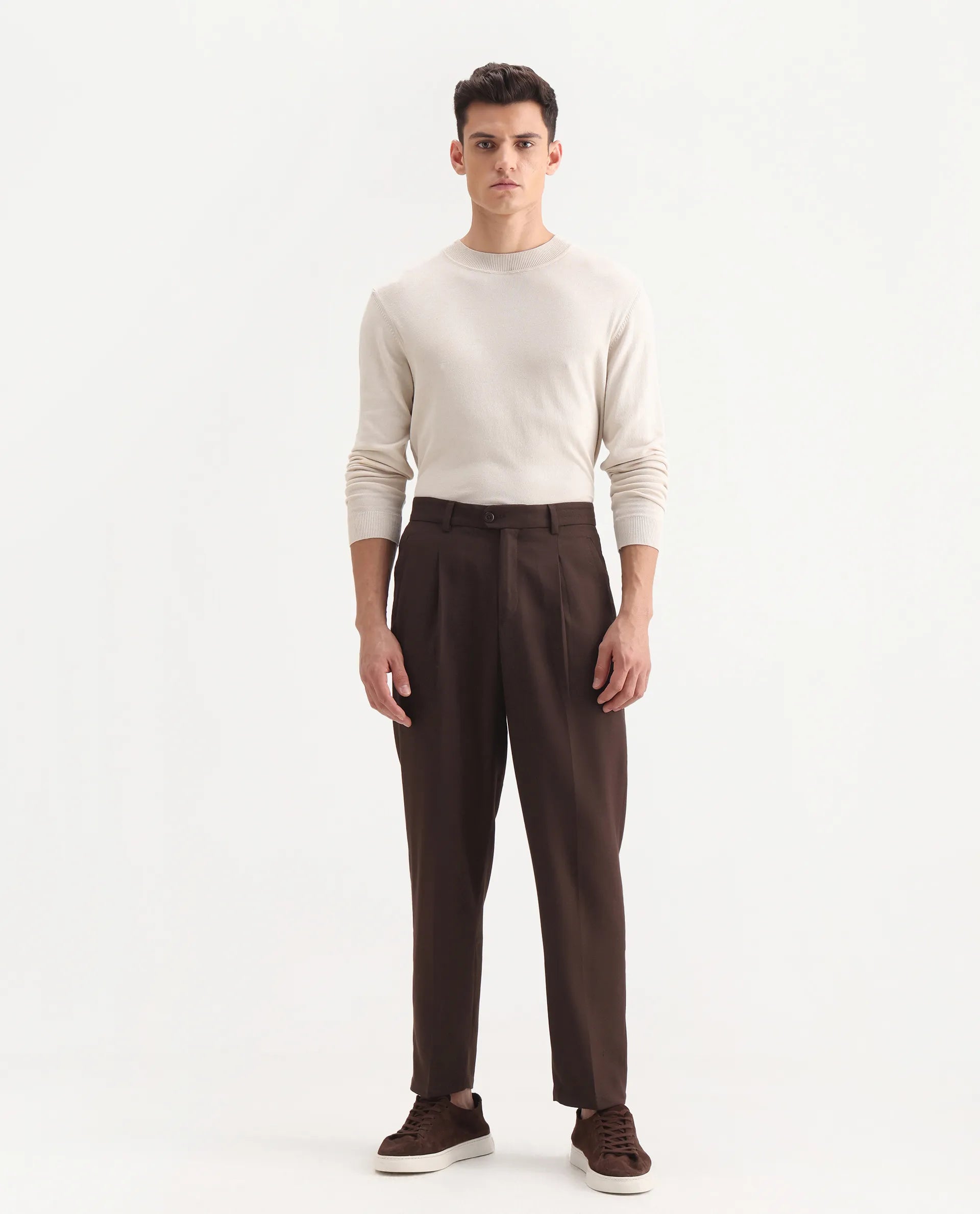 Rare Rabbit Men's Aront B Dark Brown Polyester Blend Plain Relaxed Fit Trouser