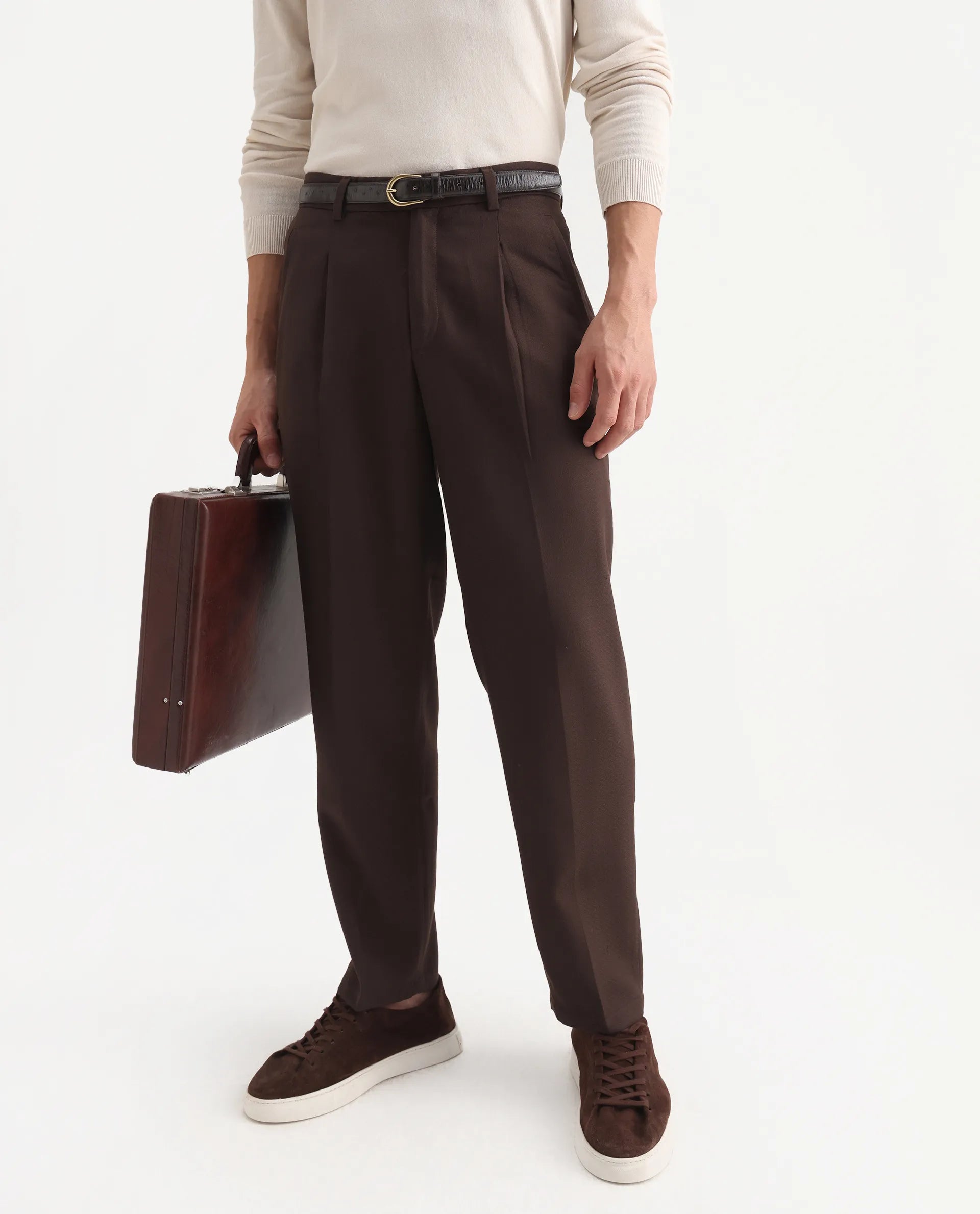 Rare Rabbit Men's Aront B Dark Brown Polyester Blend Plain Relaxed Fit Trouser
