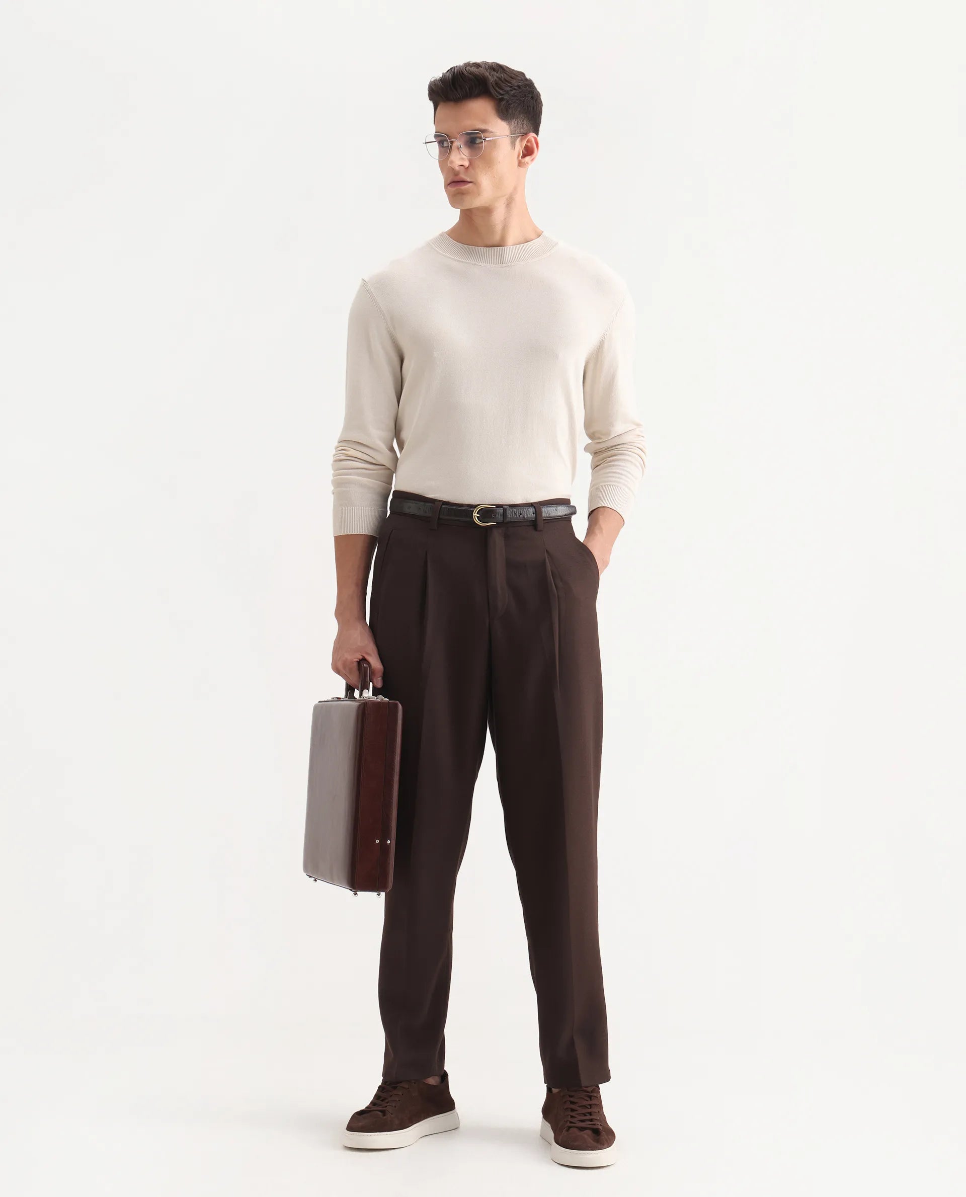 Rare Rabbit Men's Aront B Dark Brown Polyester Blend Plain Relaxed Fit Trouser