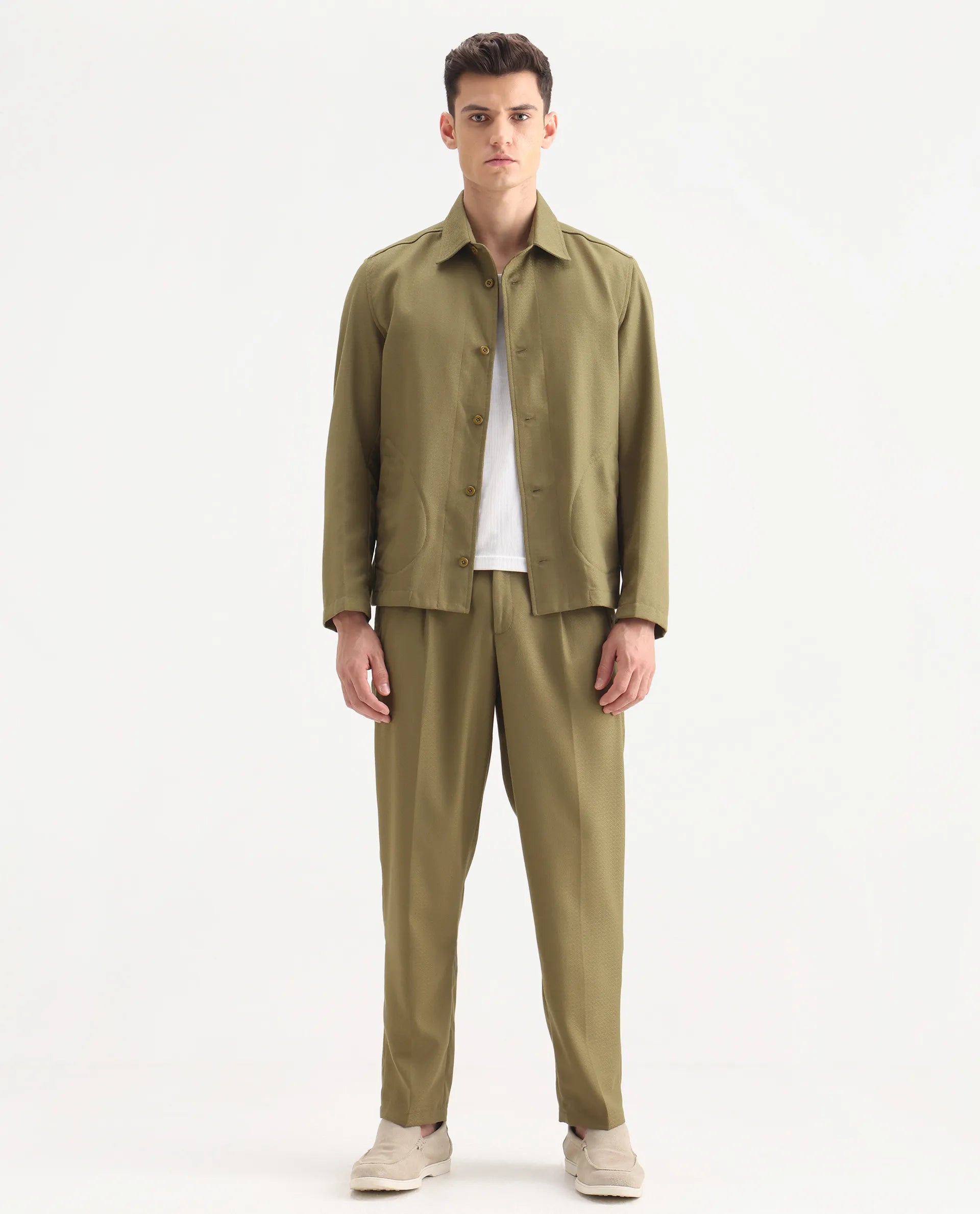 Rare Rabbit Men's Aront B Olive Polyester Blend Plain Relaxed Fit Trouser