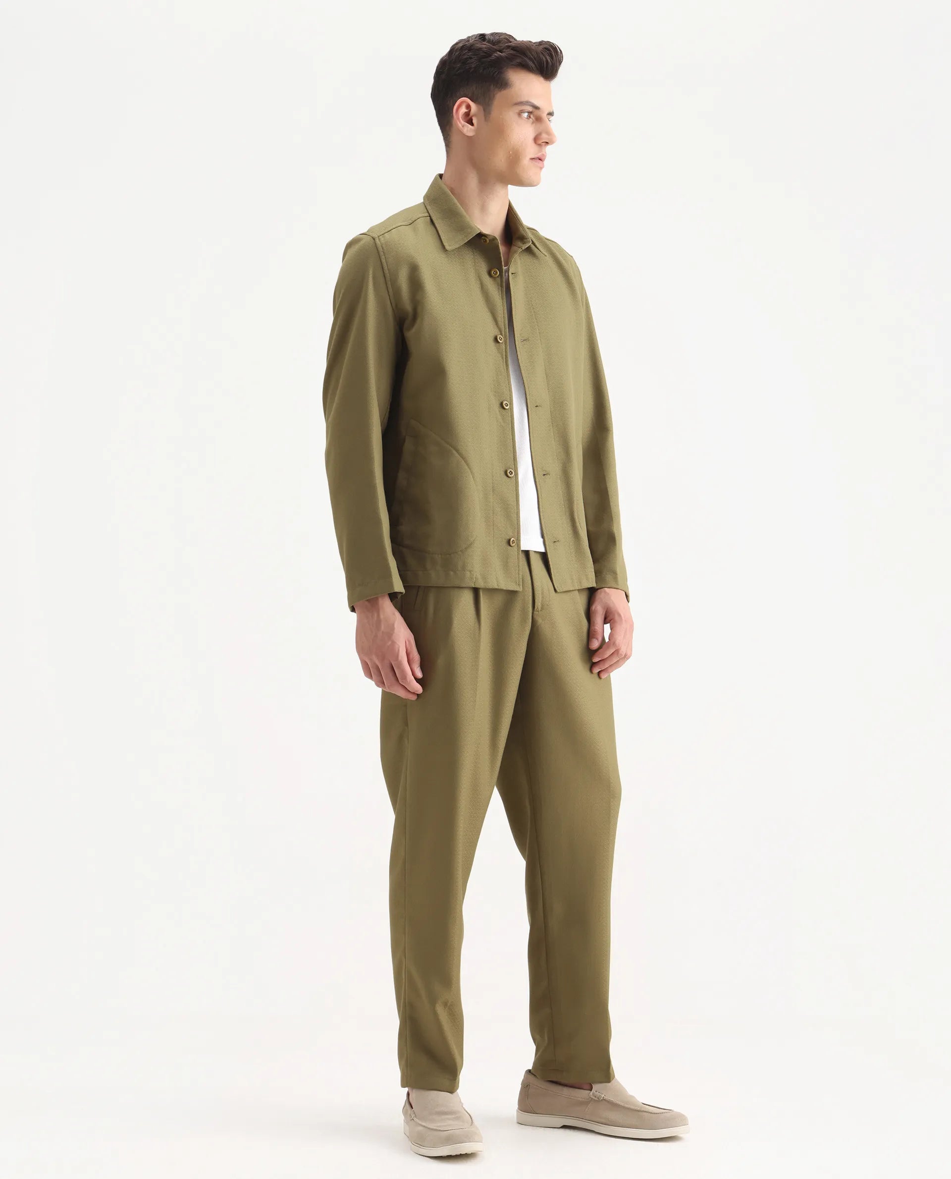 Rare Rabbit Men's Aront B Olive Polyester Blend Plain Relaxed Fit Trouser