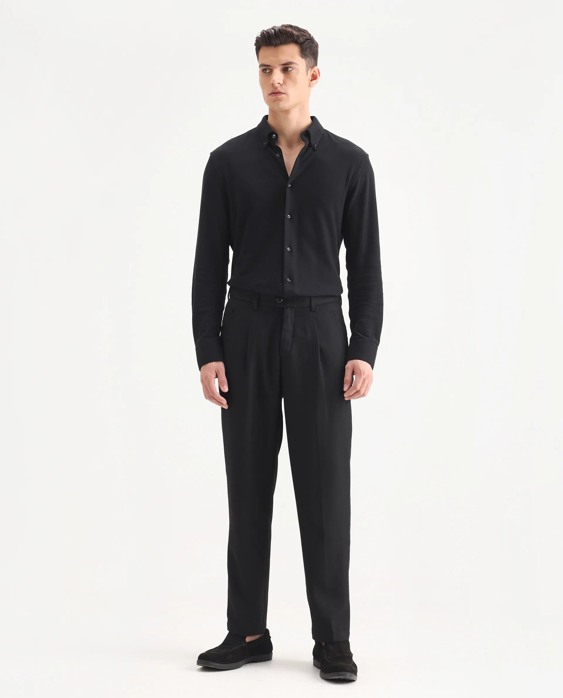 Rare Rabbit Men's Aront B Black Polyester Blend Plain Relaxed Fit Trouser