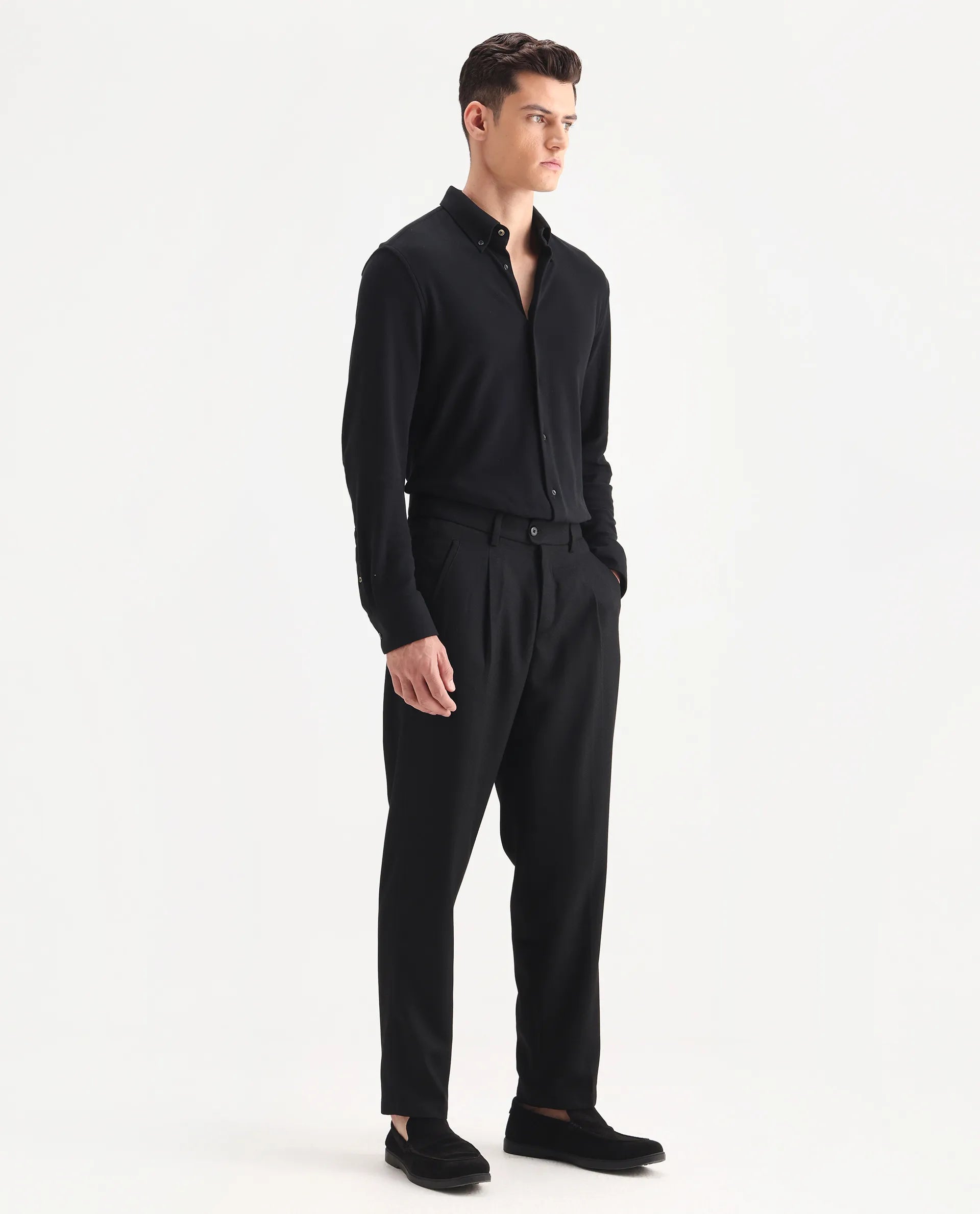 Rare Rabbit Men's Aront B Black Polyester Blend Plain Relaxed Fit Trouser