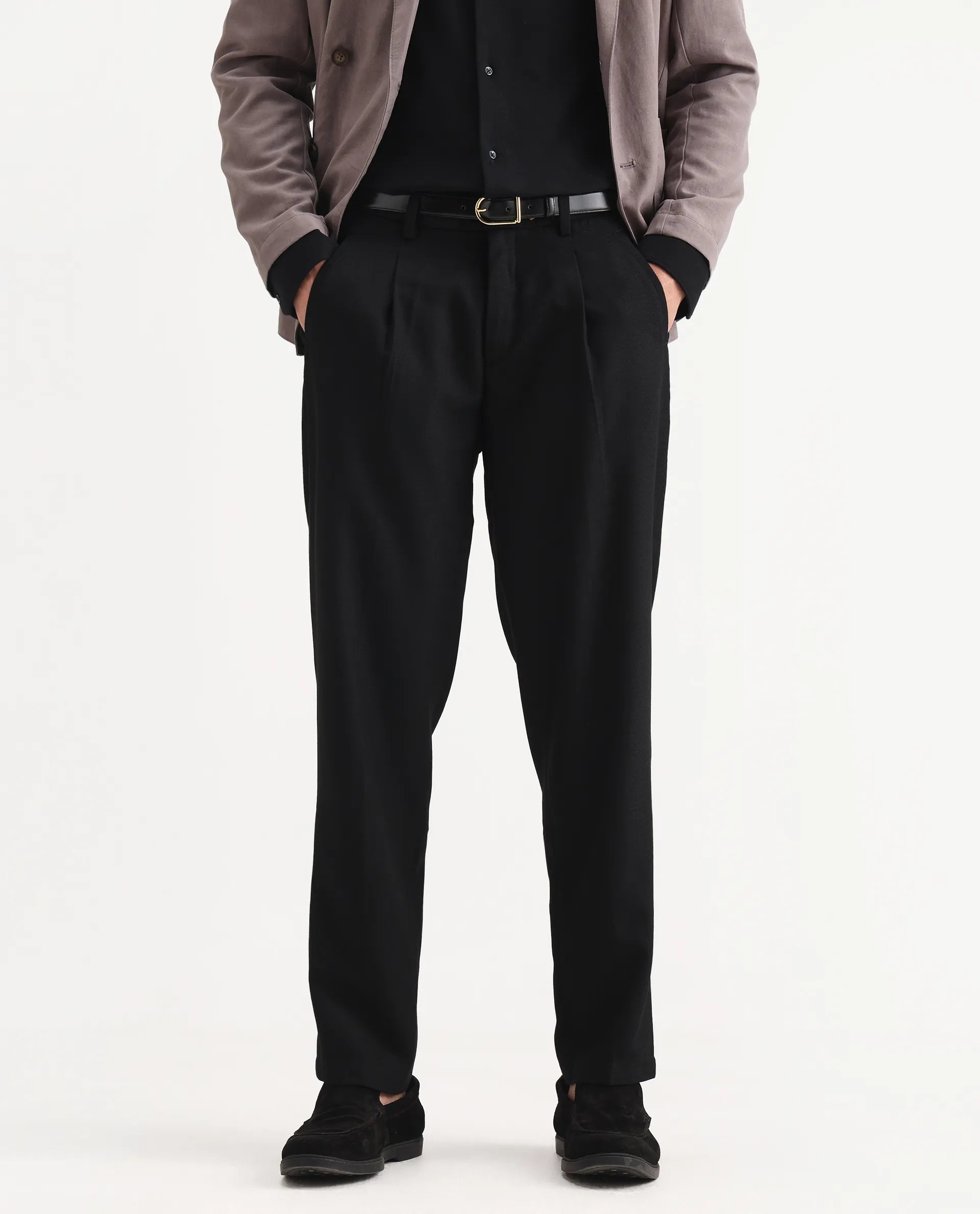 Rare Rabbit Men's Aront B Black Polyester Blend Plain Relaxed Fit Trouser